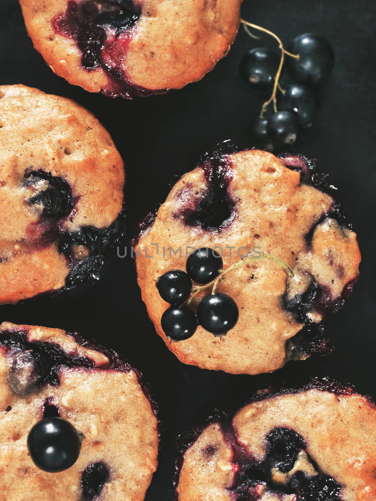 Muffins with black currant on dark background close up. Top view or flat lay. Vertical.