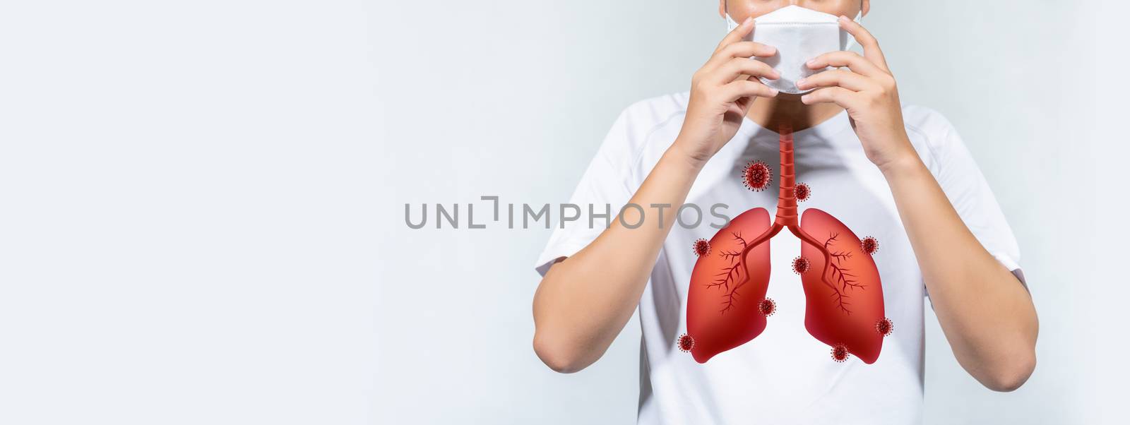 People wearing a mask with a lung attached to Corona virus are coughing on a white background