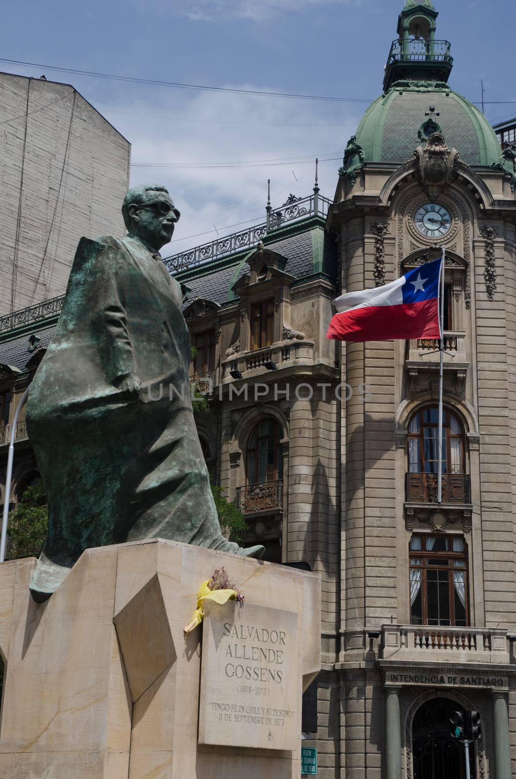 The Constitucion Square. Santiago de Chile. Chile. January 15, 2012: statue of Salvador Allende, former president of Chile.