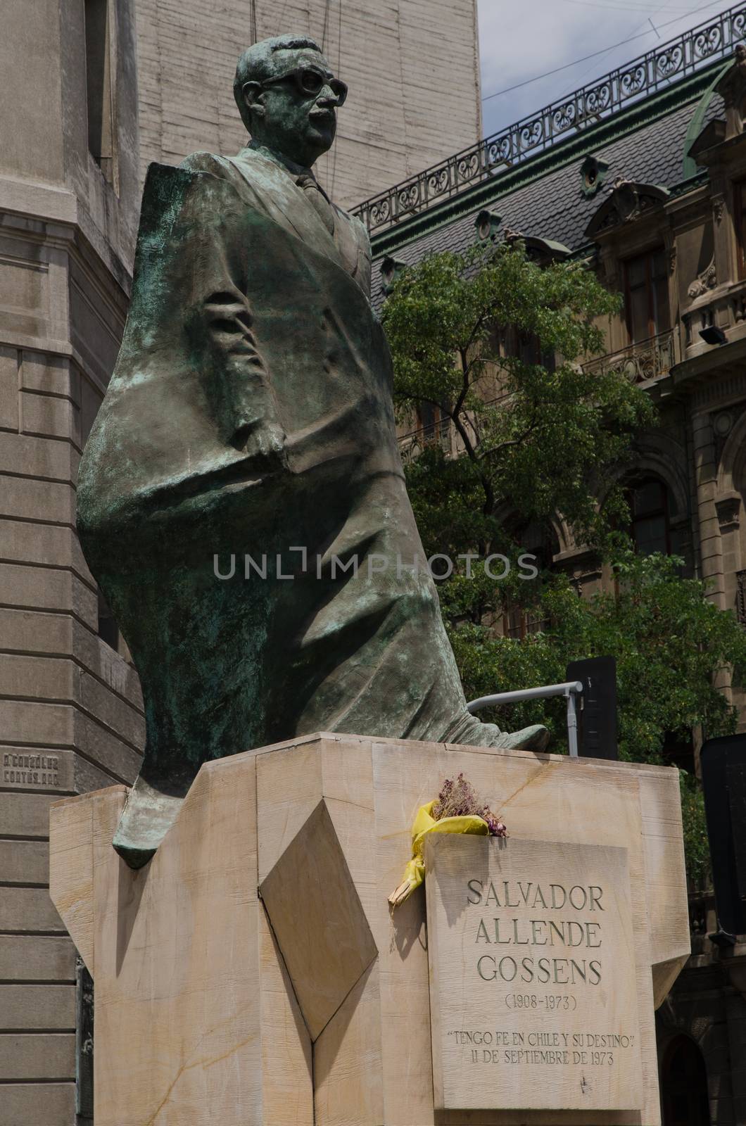 The Constitucion Square. Santiago de Chile. Chile. January 15, 2012: statue of Salvador Allende, former president of Chile.