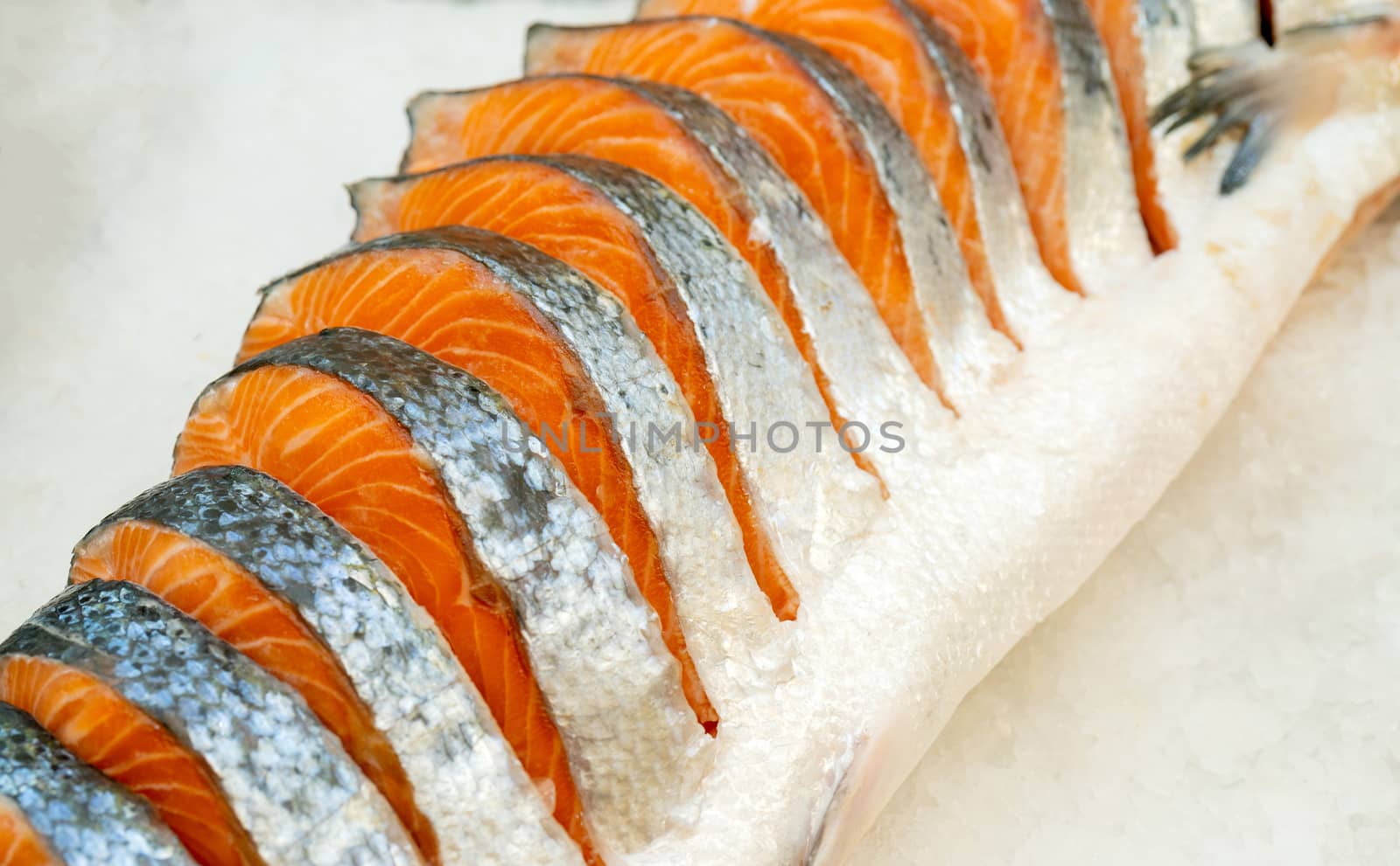 Fresh, healthy, tasty fish is sold in a specialty store. Ice Showcase.