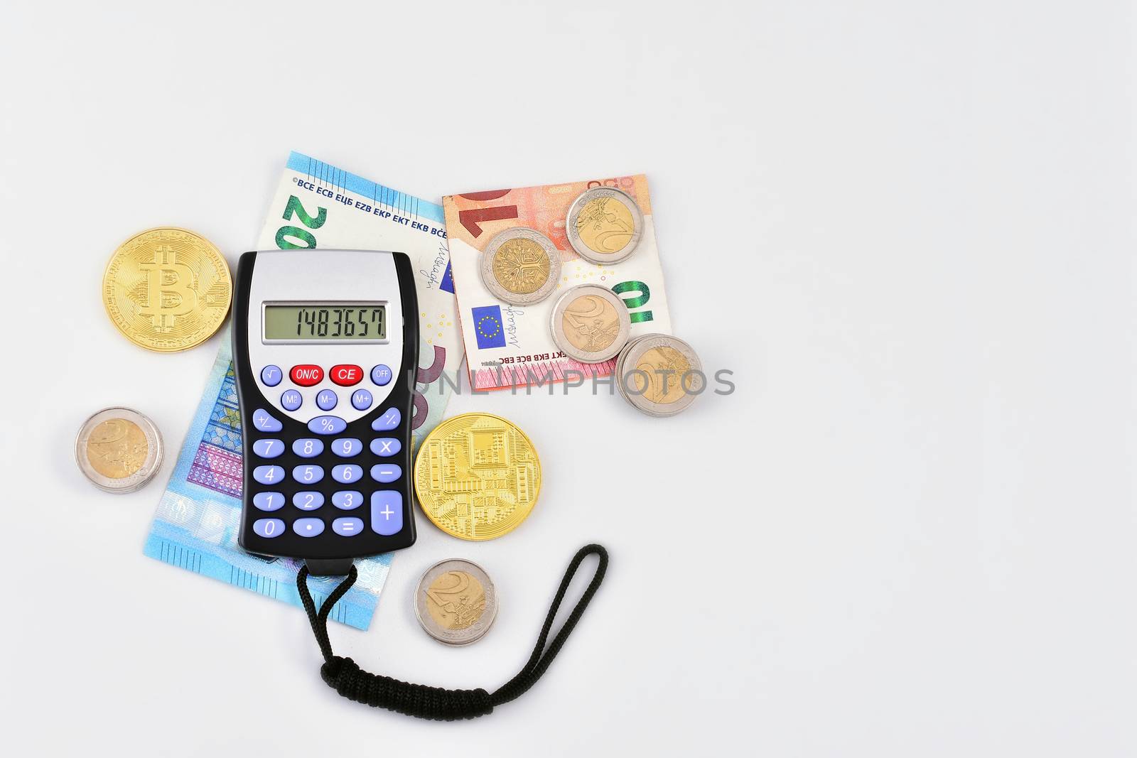 background with calculator, money, coins and virtual money