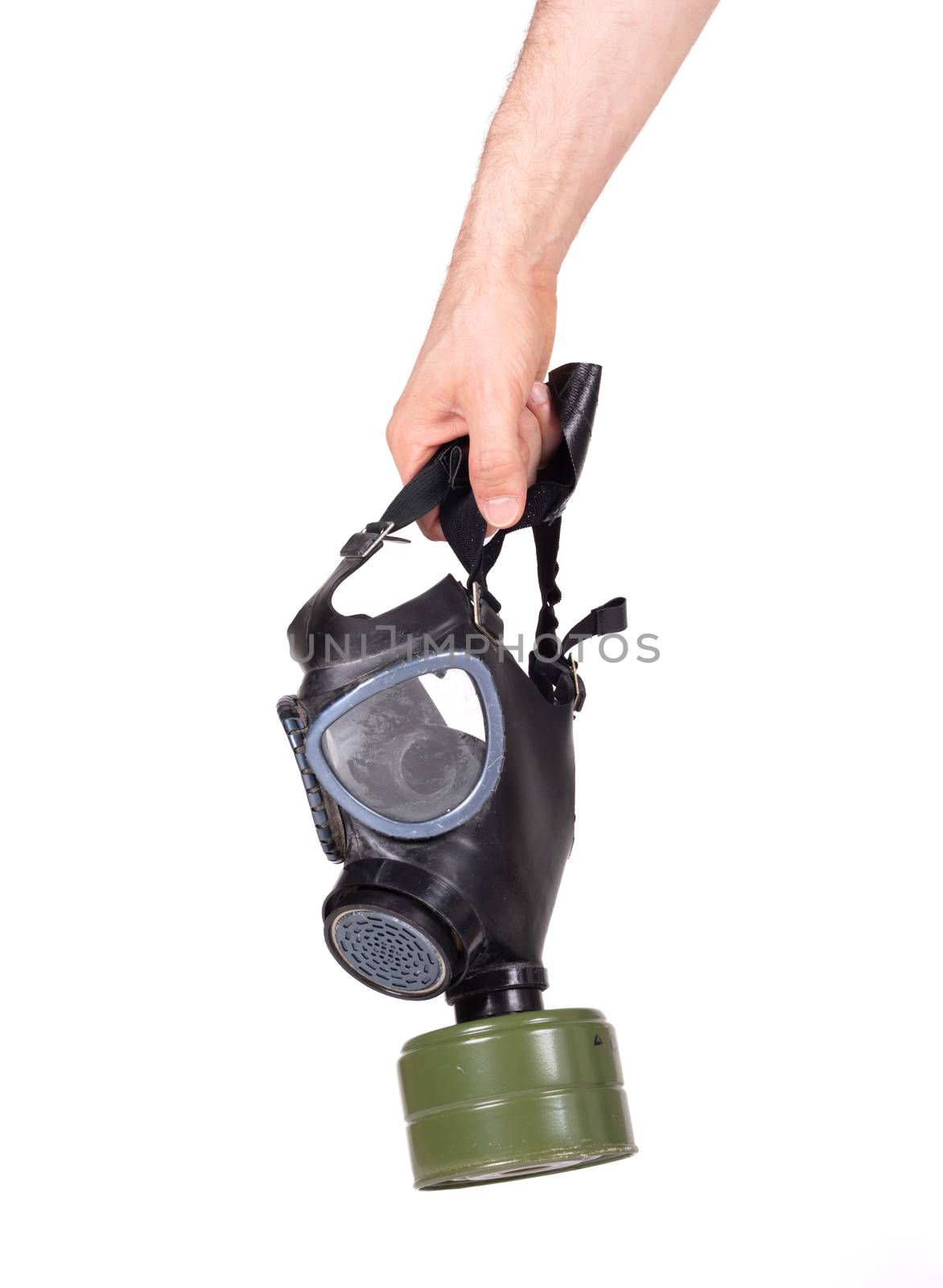 Man holding vintage gasmask isolated on white - Green filter by michaklootwijk