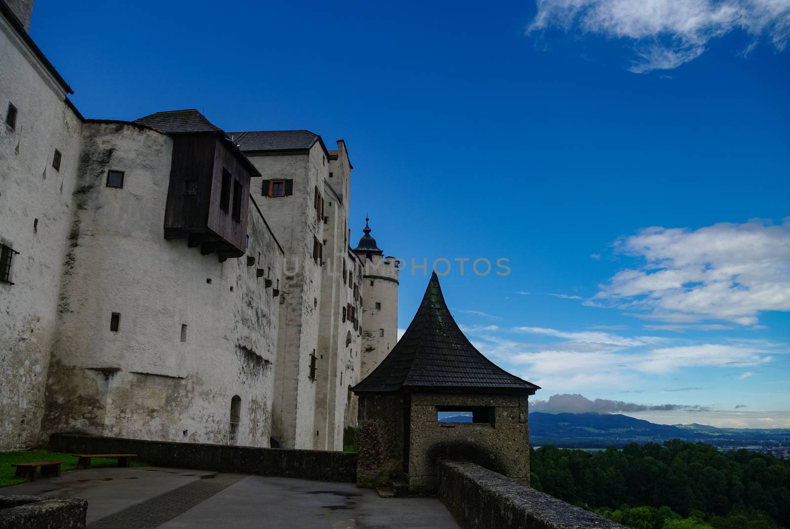 Salzburg, Austira -  August 16, 2010:  Medieval Hohensalzburg Castle (Festung Hohensalzburg) in morning fog, Salzburger Land, Austria.