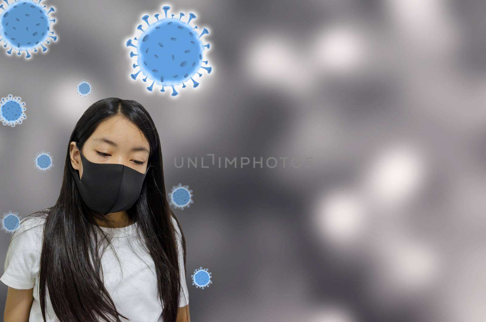 Corona virus or Covid-19 Virus strains on the background. Long-haired Asian girls wear white clothes. Girls wear black masks to protect against the corona virus.Copy space