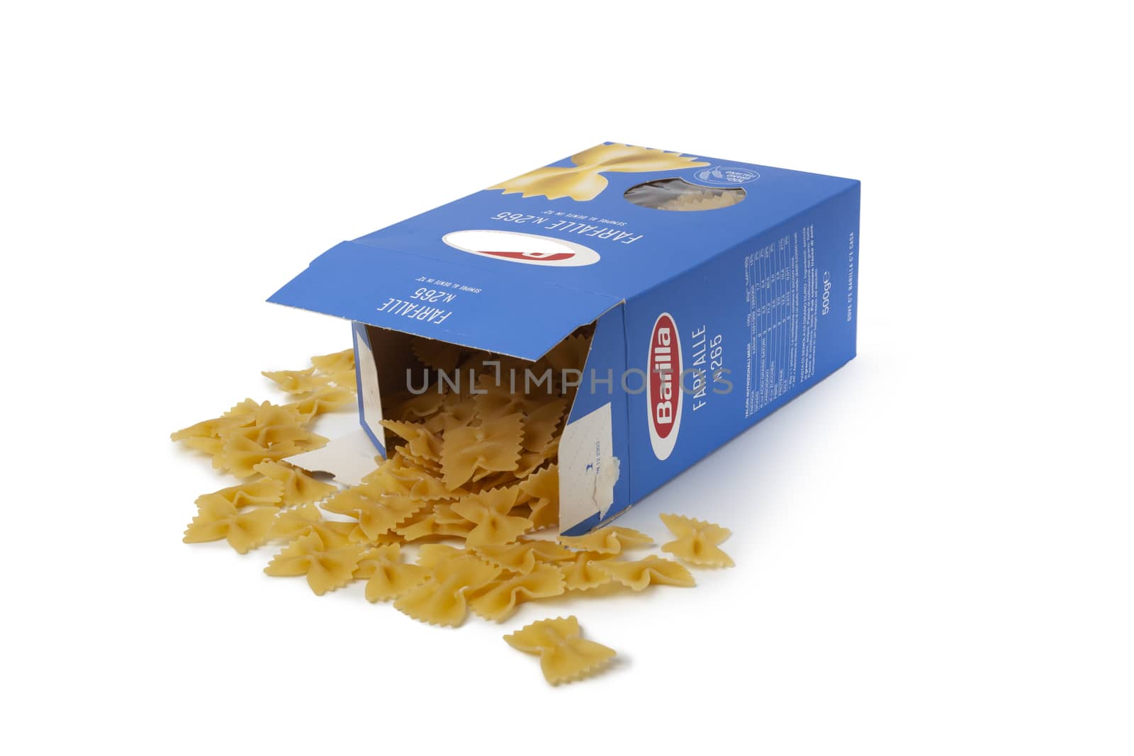 CHISINAU, MOLDOVA - April 1, 2020: Barilla Farfalle Nr 265. Italian pasta in a box isolated on white background. Barilla is an Italian food company, founded in 1877 in Parma, Italy.