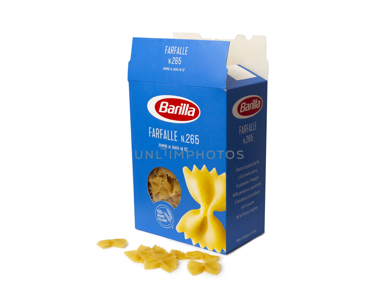 CHISINAU, MOLDOVA - April 1, 2020: Barilla Farfalle Nr 265. Italian pasta in a box isolated on white background. Barilla is an Italian food company, founded in 1877 in Parma, Italy.