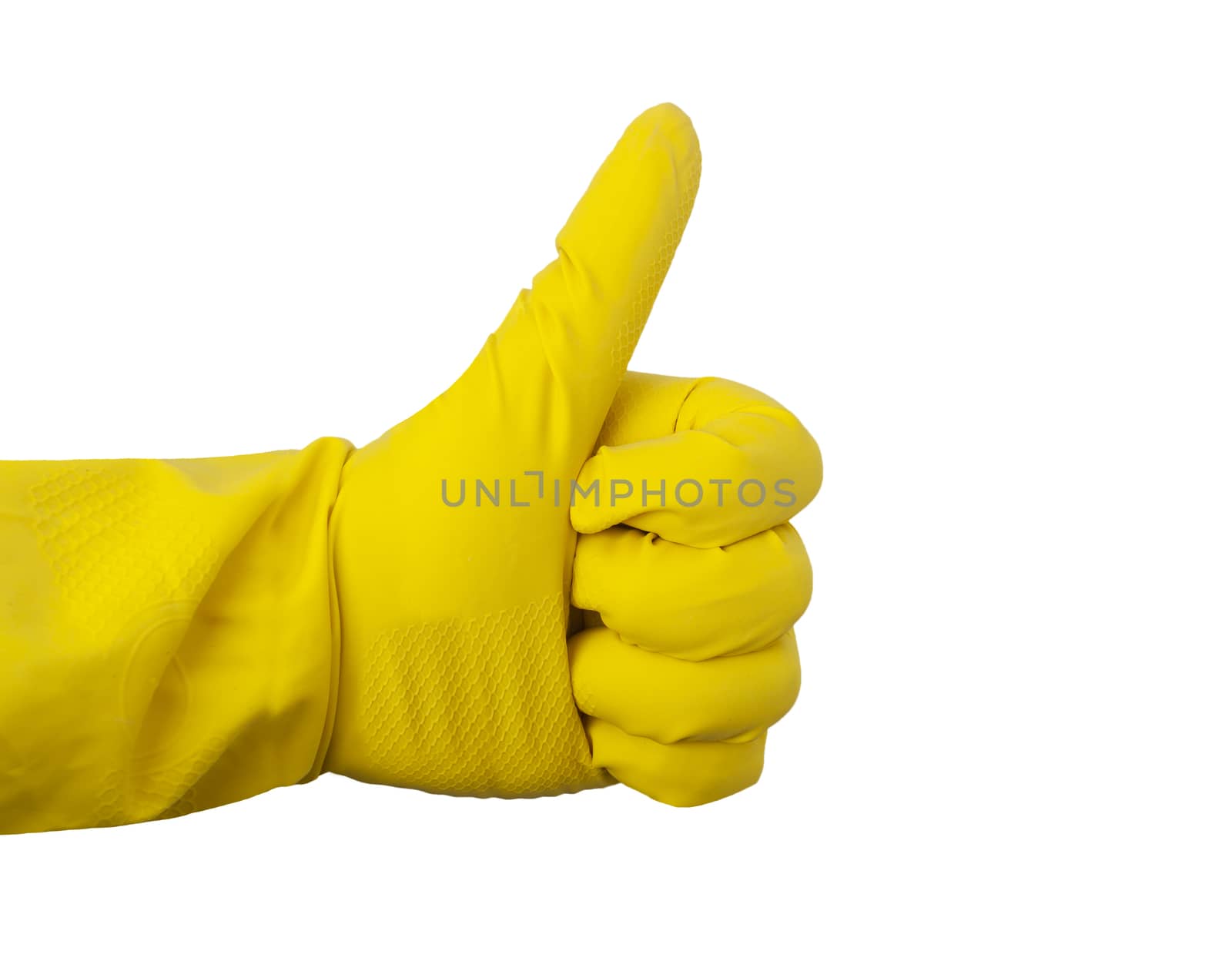 Yellow rubber glove for cleaning shows a gesture on a white by SlayCer