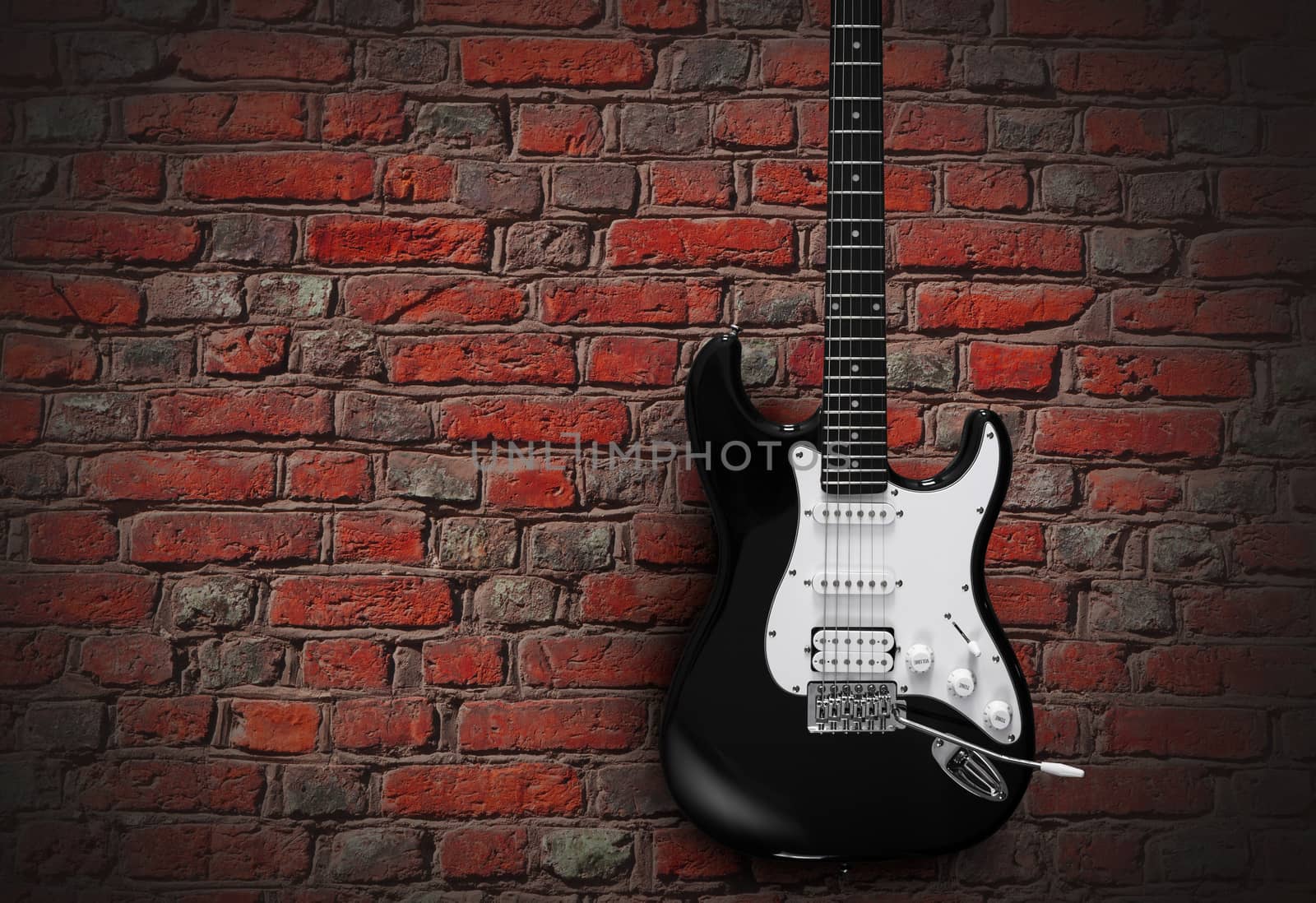 Black electric guitar on red brick wall background. With clipping path