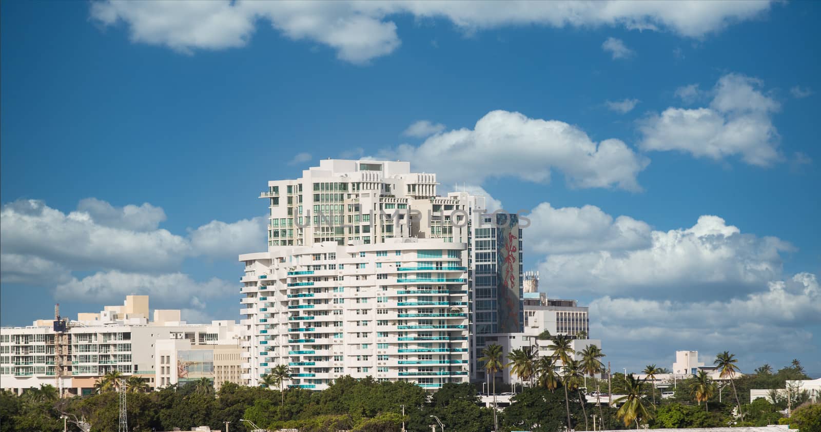 Modern office and condo towers rising near harbor of San Juan, Puerto Rico