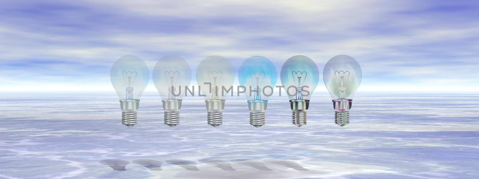 several yellow light bulbs in a dream landscape - 3d rendering