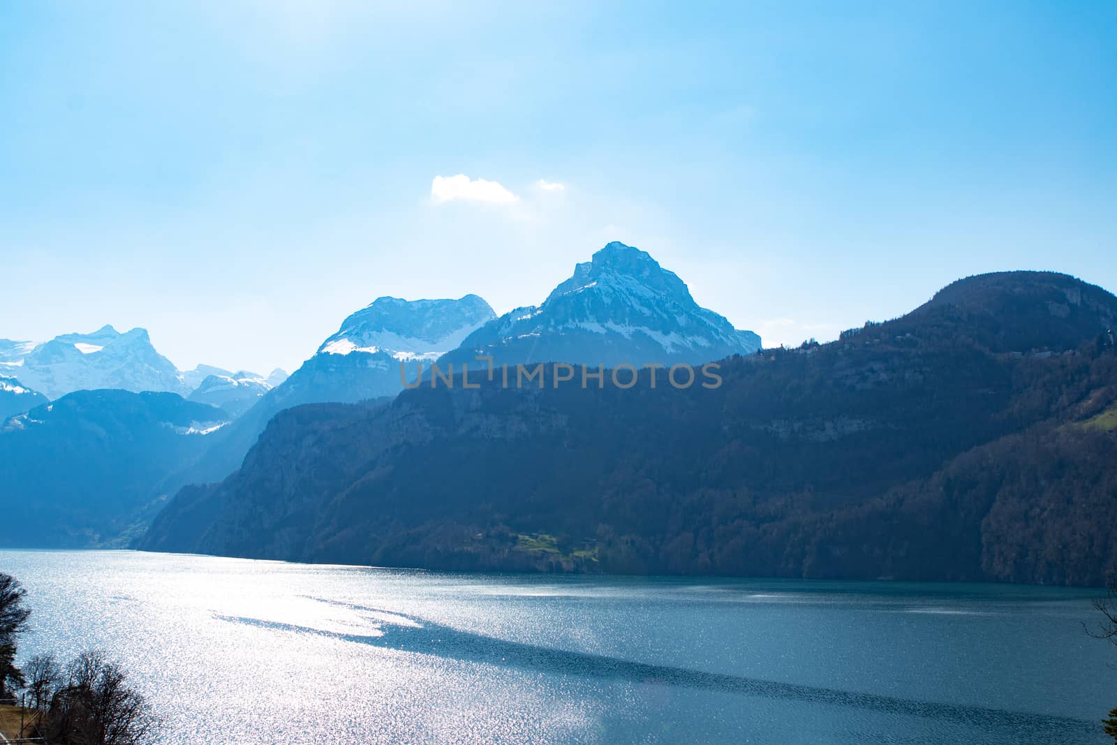 scenic landscape with lake and mountains in Bunnen, Switzerland. Lake Luzern