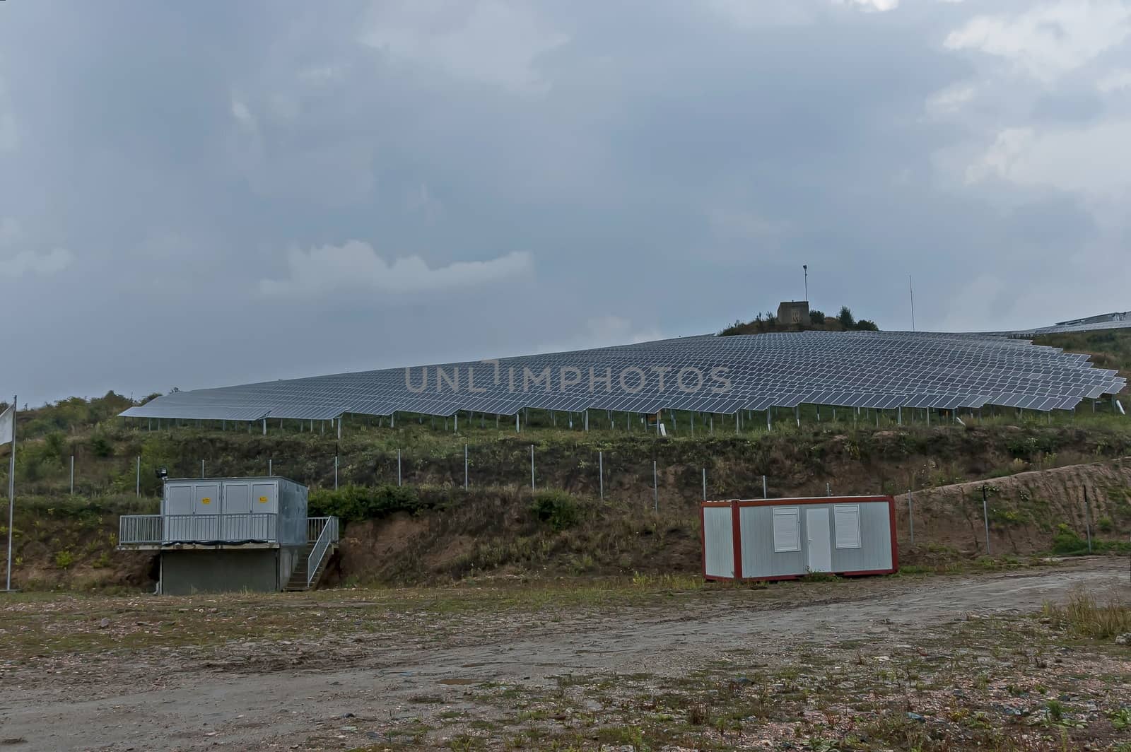 Solar energy panels against cloudily sky, Sredna gora mountain, Bulgaria