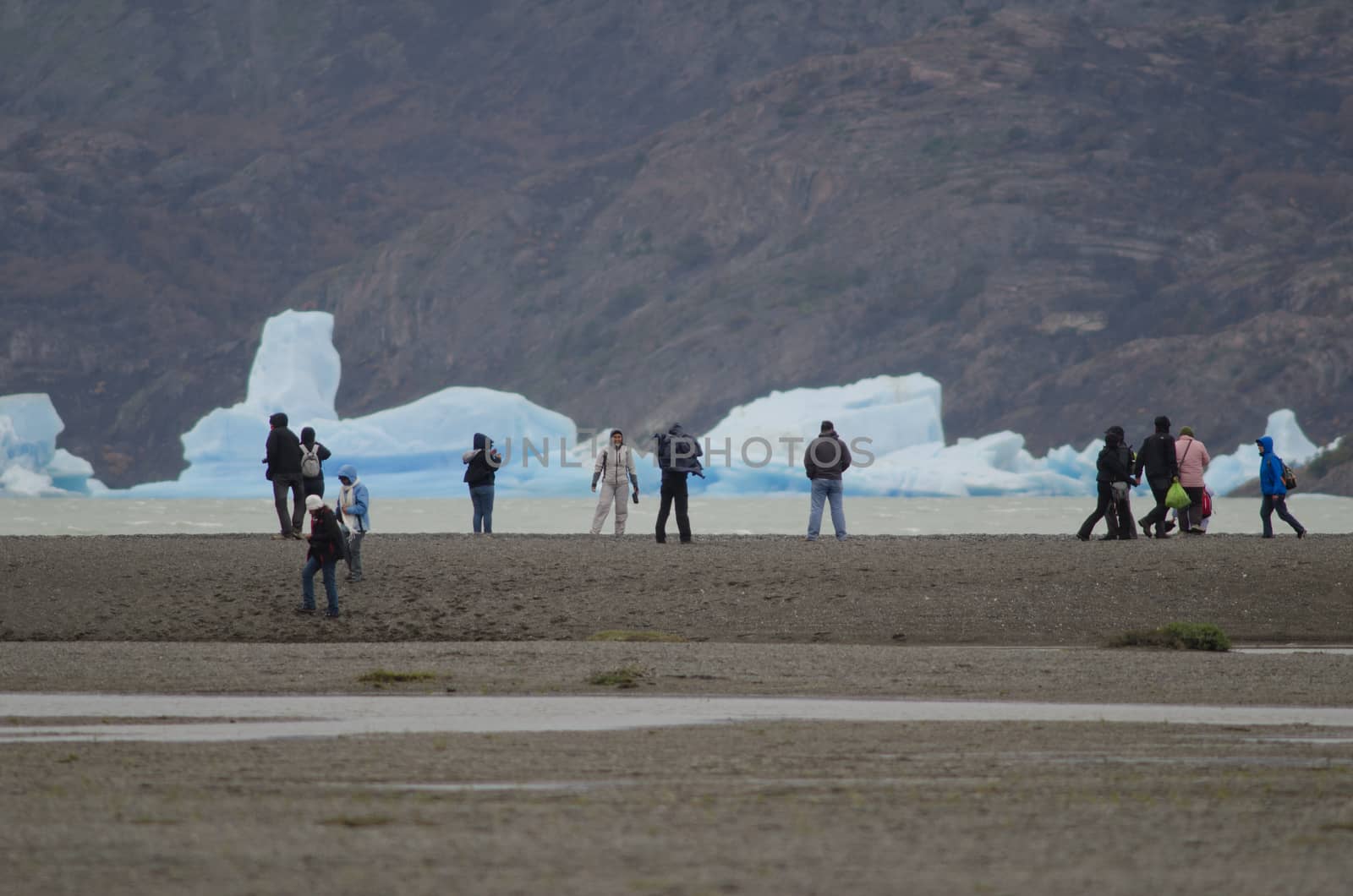 Tourists in Grey Lake and icebergs in the background. by VictorSuarez