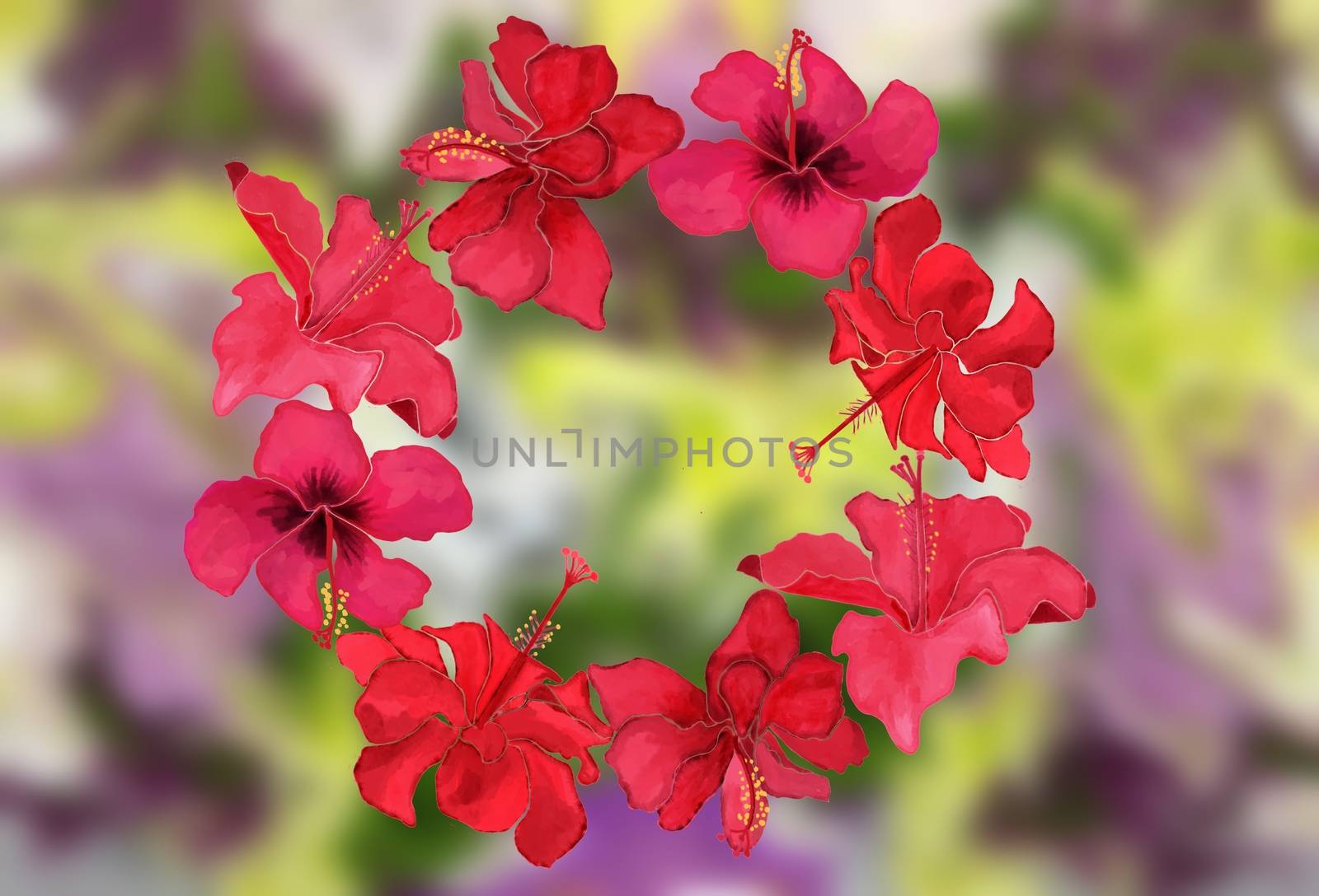  Watercolor beautiful wreath with flowers blossom hibiscuses on blurred background. Natural backdrop, card template, wedding or web design.