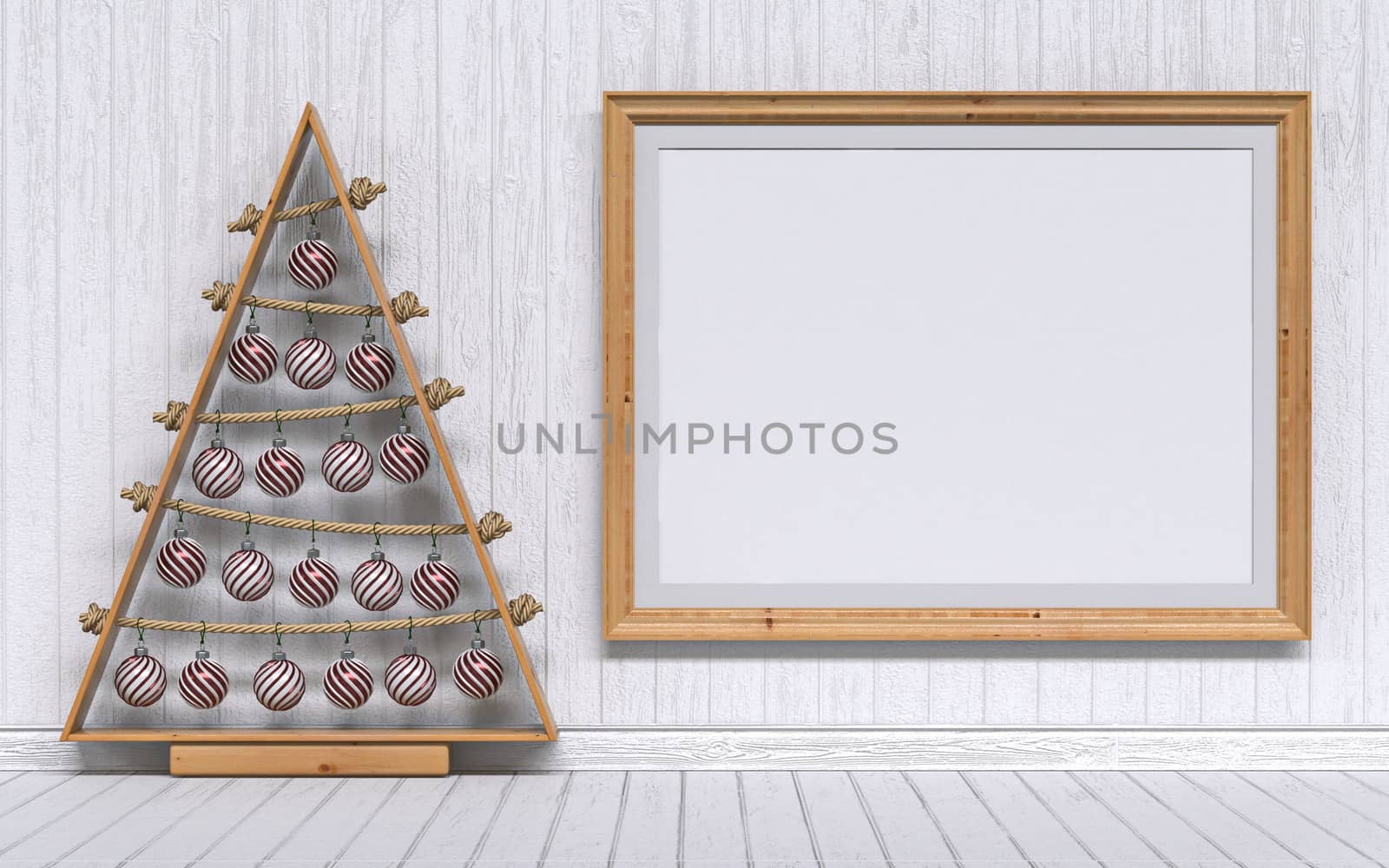 Mock up blank wooden picture frame Christmas decoration 3D render illustration