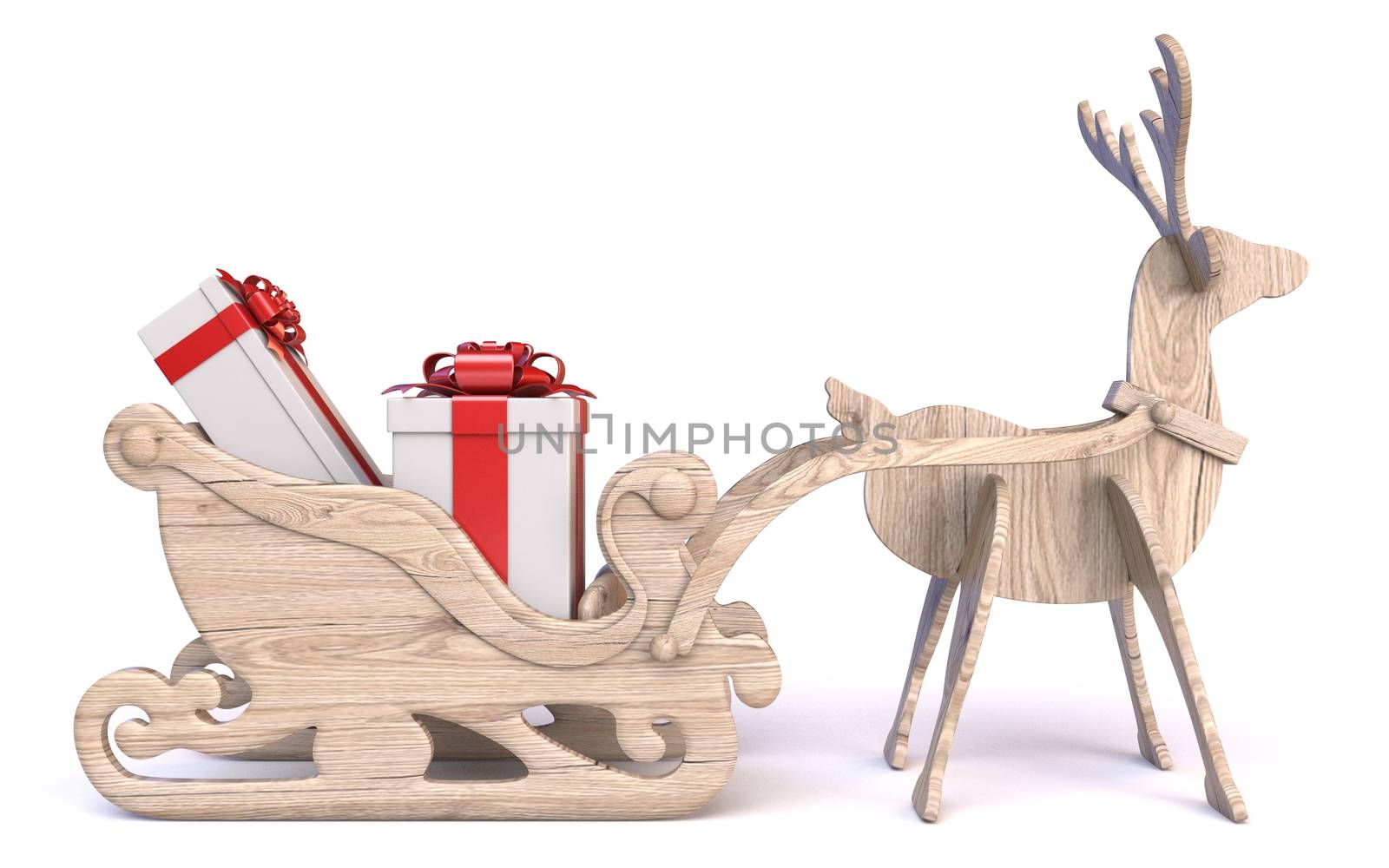 Wooden reindeer, sledge and gifts 3D render illustration isolated on white background