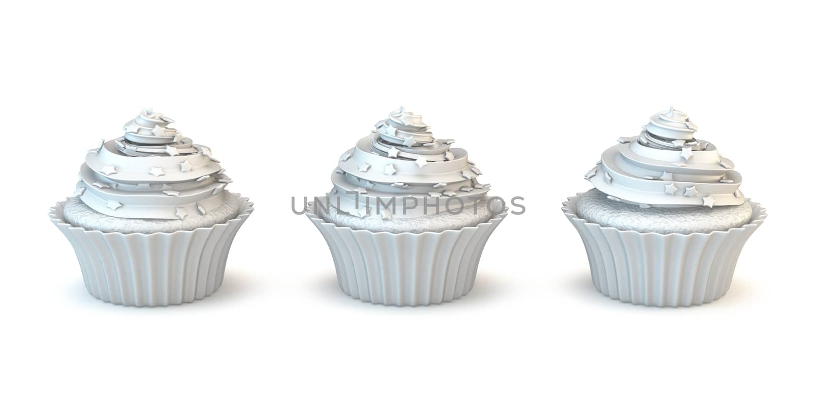 Three white muffin cakes 3D render illustration isolated on white background