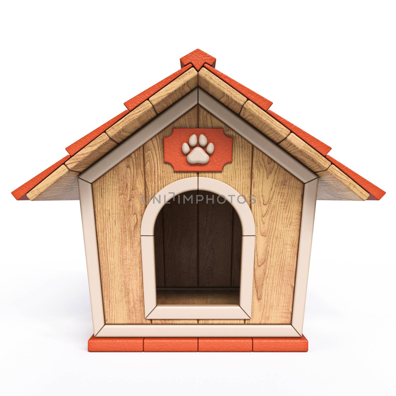 Wooden dog house Front view 3D render illustration isolated on white background