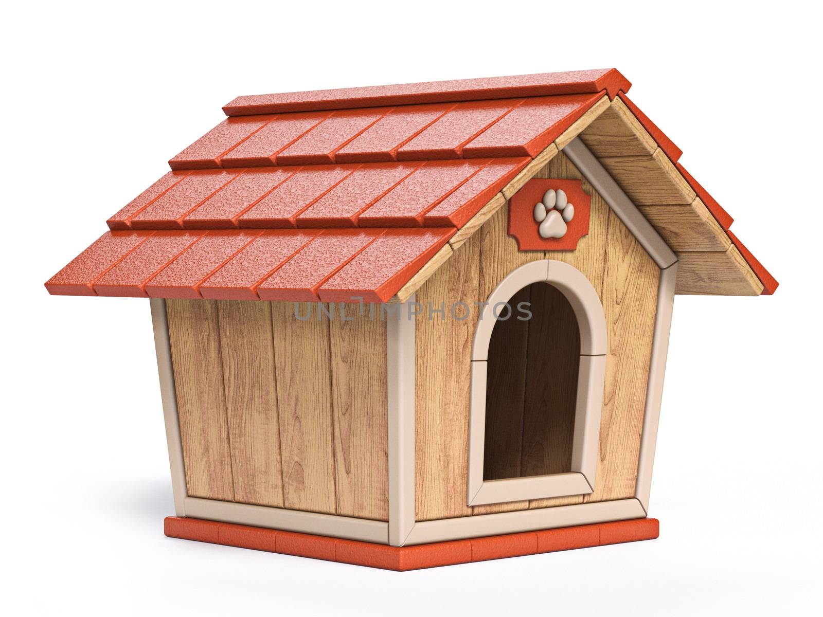Wooden dog house Side view 3D render illustration isolated on white background