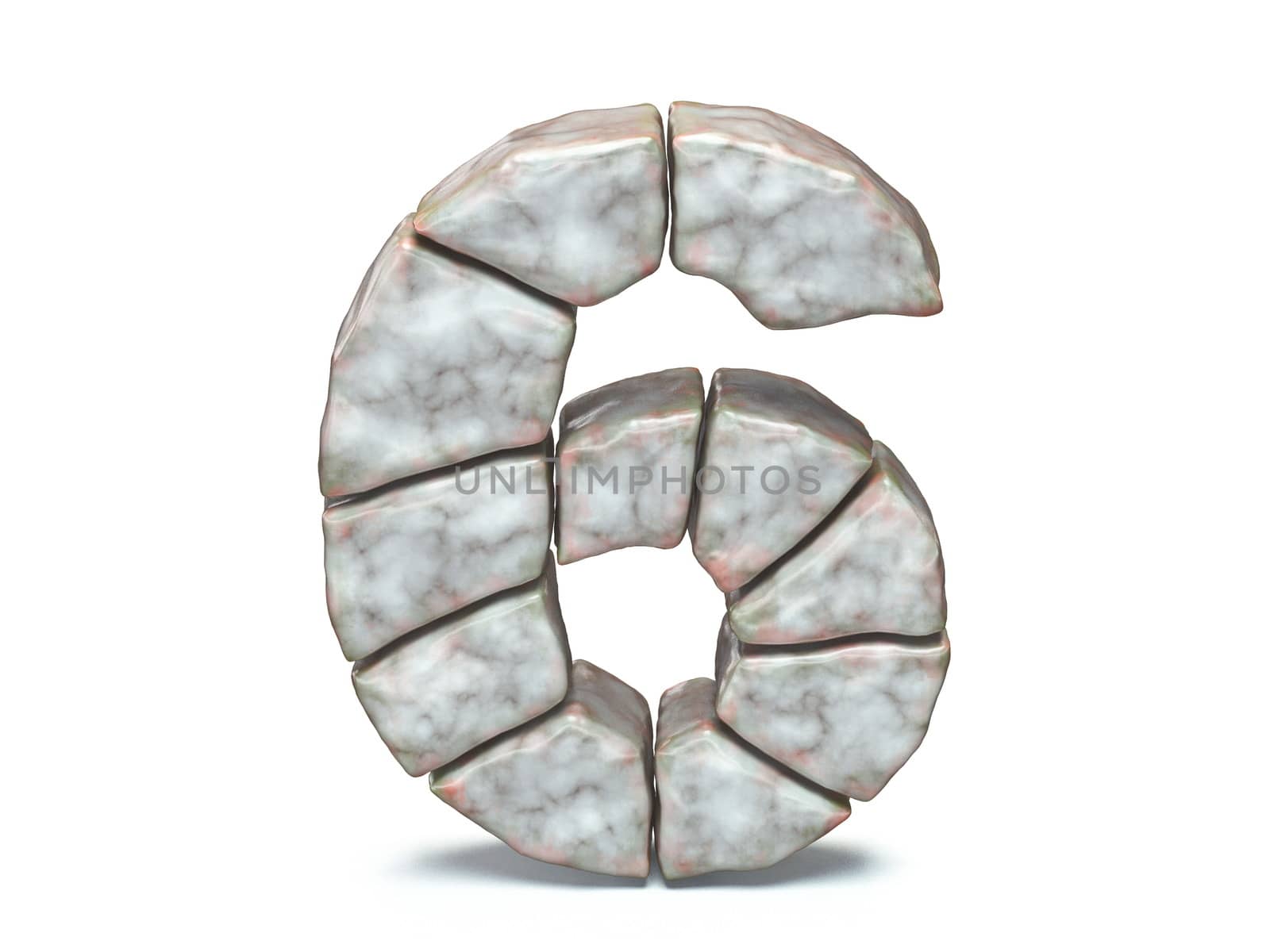 Rock masonry font Number 6 SIX 3D render illustration isolated on white background