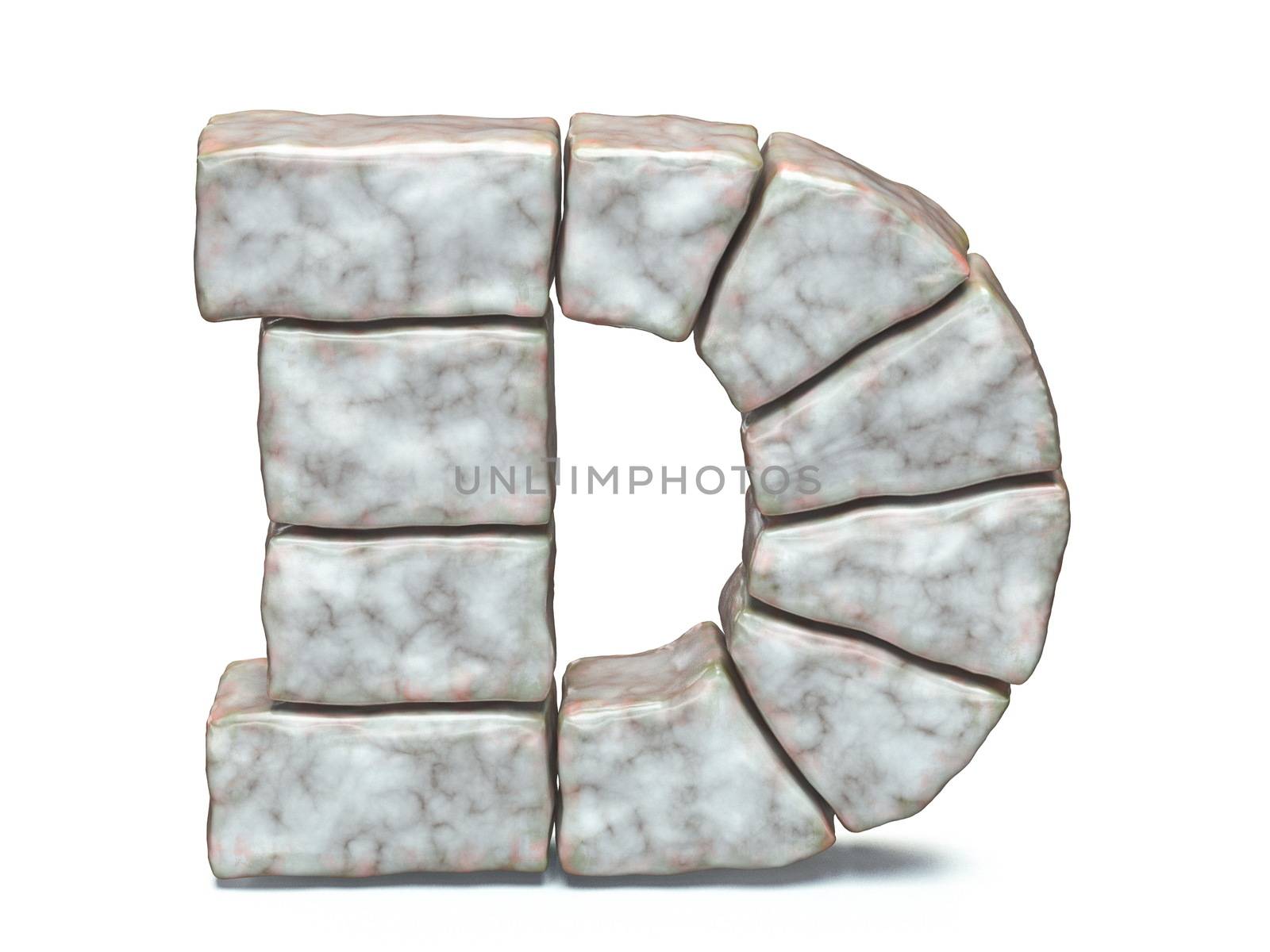 Rock masonry font letter D 3D render illustration isolated on white background