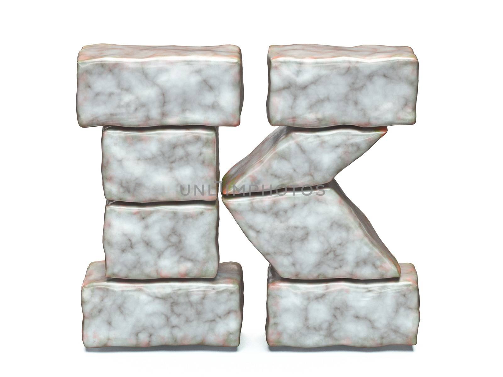 Rock masonry font letter K 3D render illustration isolated on white background