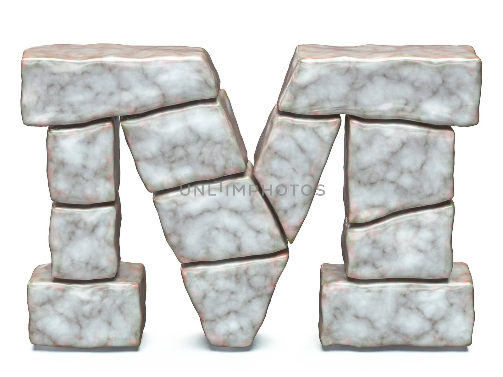 Rock masonry font letter M 3D render illustration isolated on white background