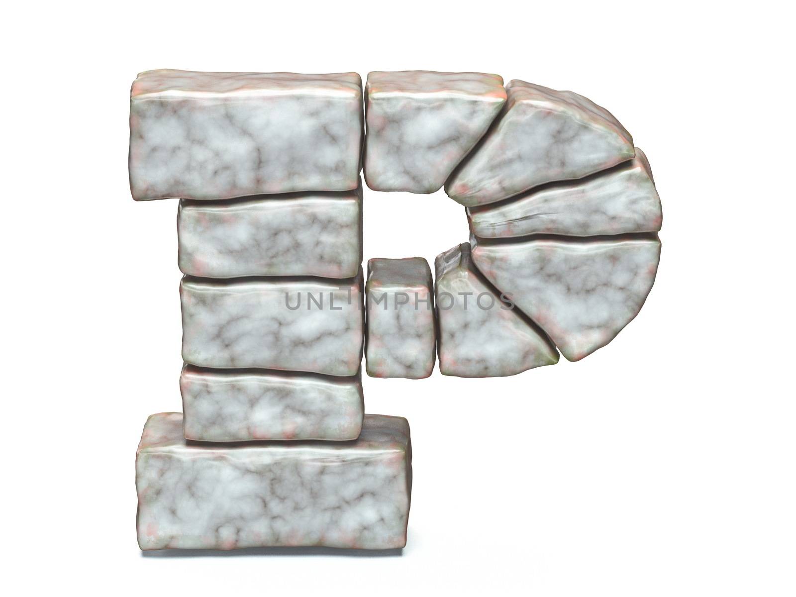Rock masonry font letter P 3D render illustration isolated on white background