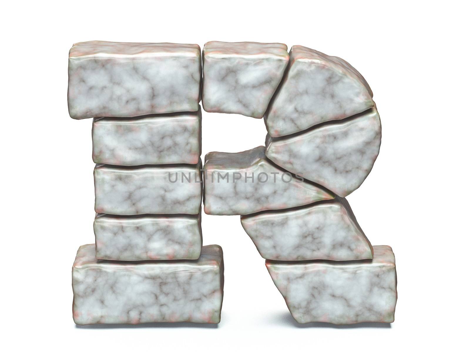 Rock masonry font letter R 3D render illustration isolated on white background