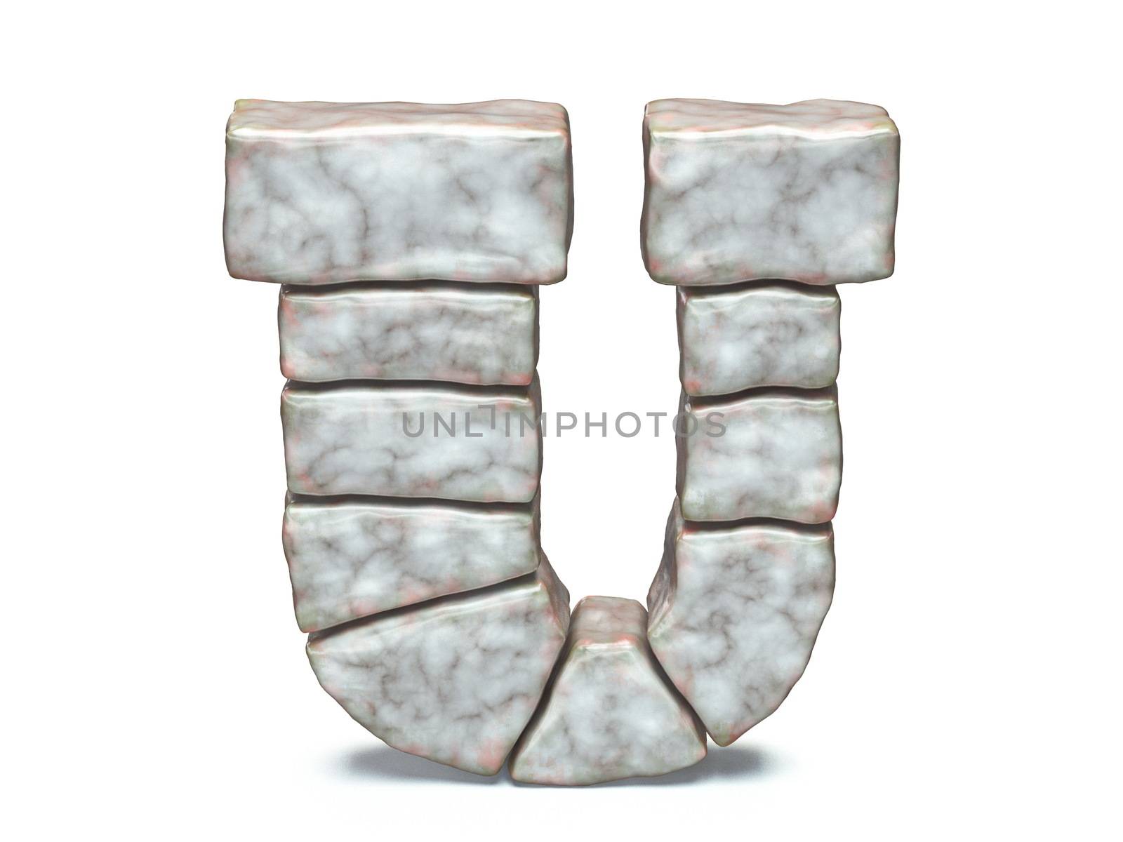 Rock masonry font letter U 3D render illustration isolated on white background