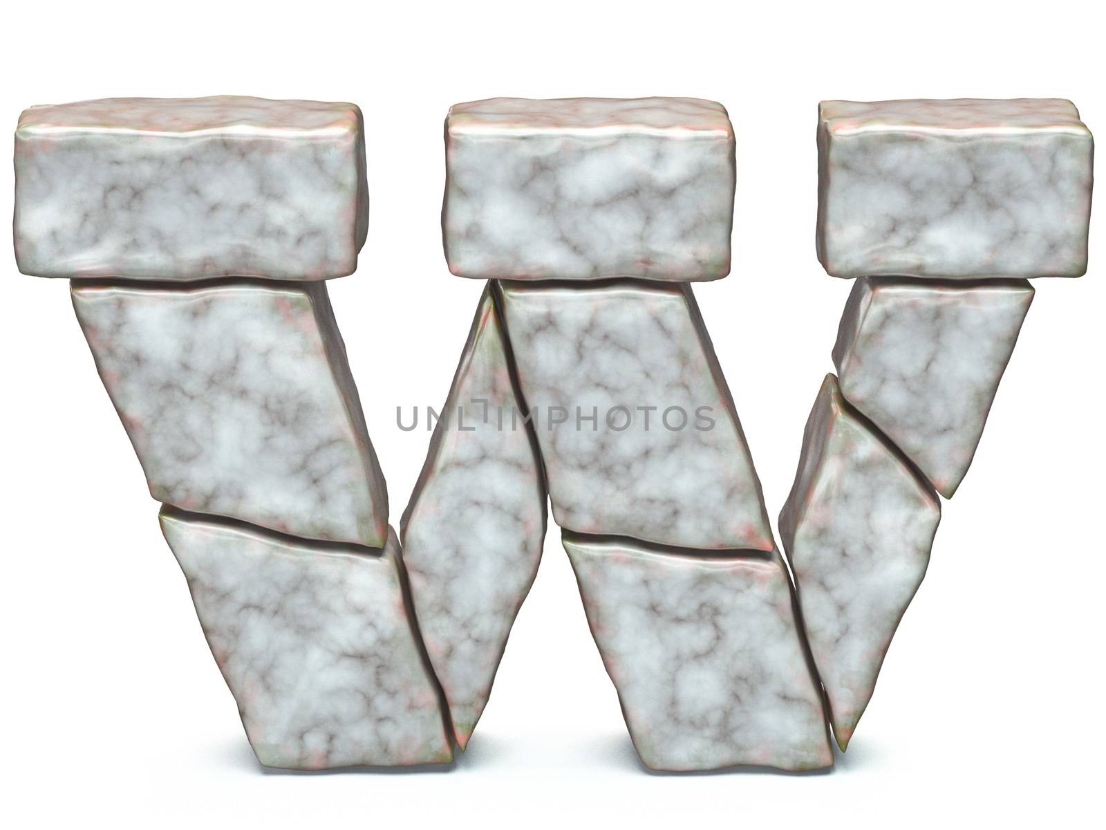 Rock masonry font letter W 3D render illustration isolated on white background