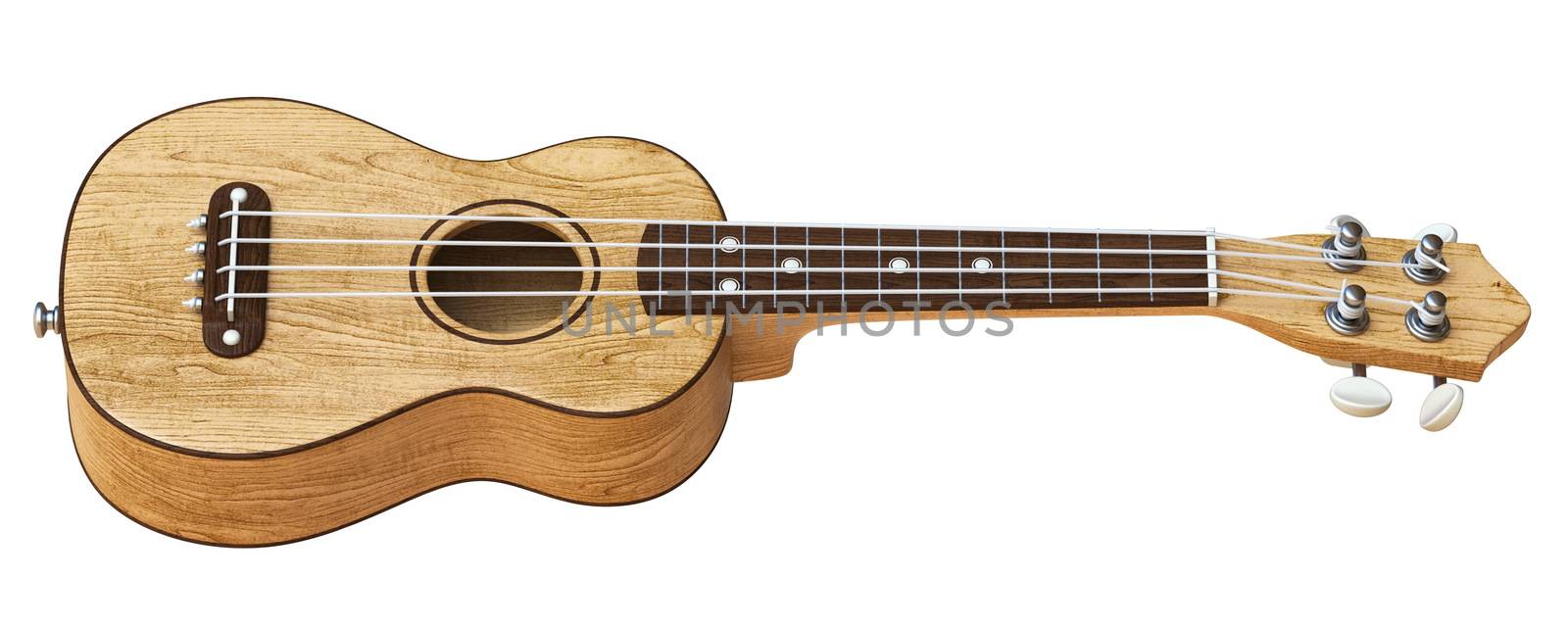 Wooden traditional soprano ukulele Side view 3D render illustration isolated on white background