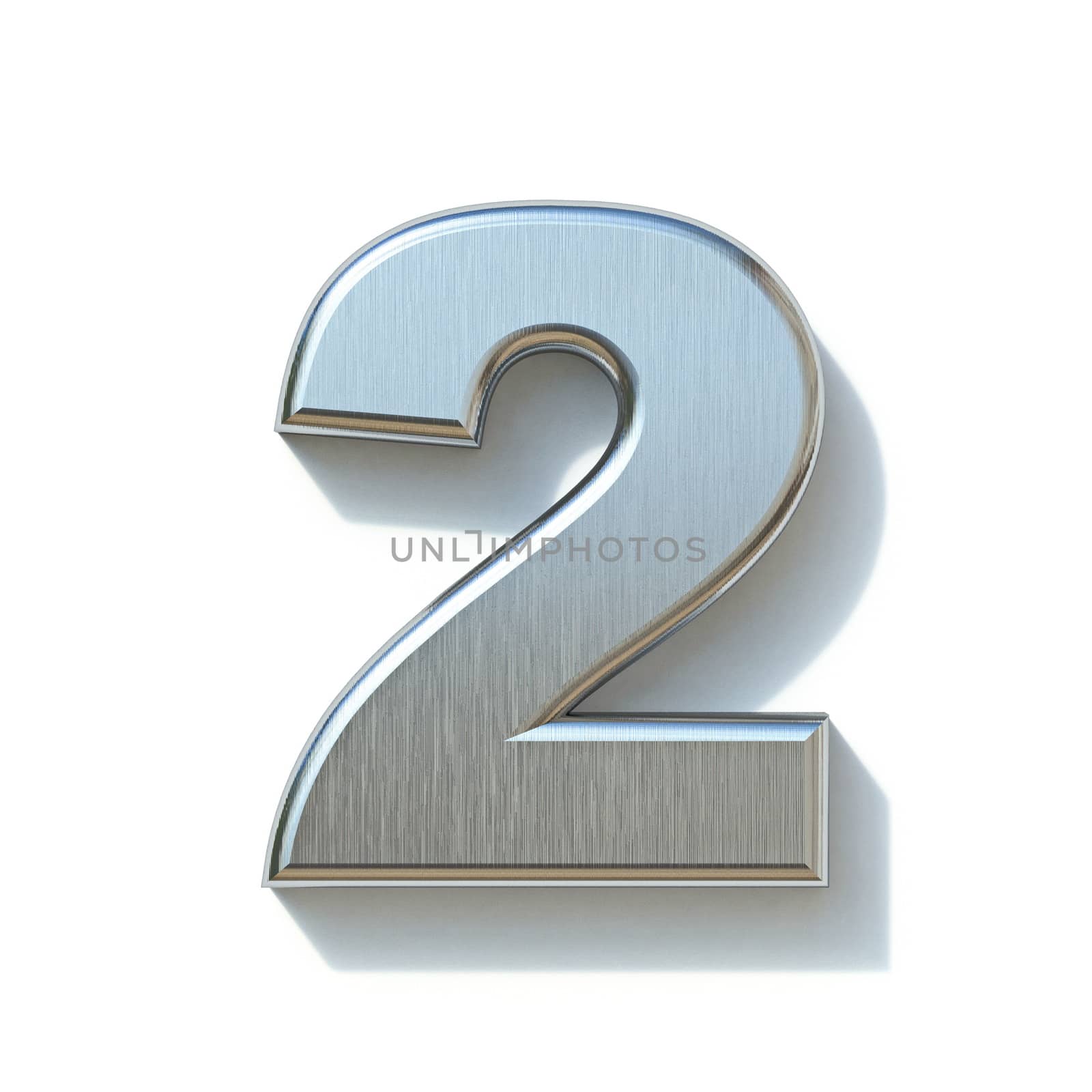 Brushed metal font Number 2 TWO 3D render illustration isolated on white background