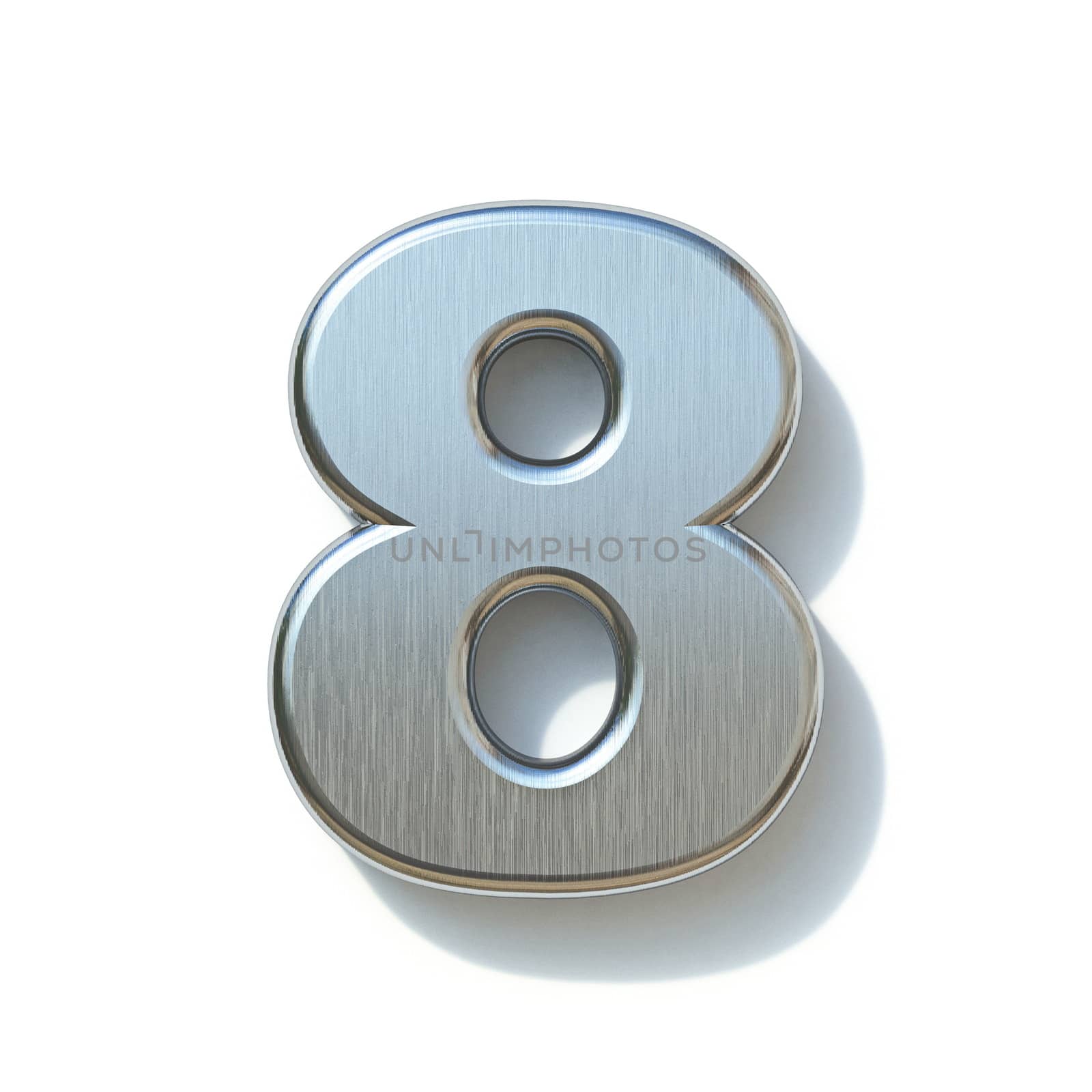 Brushed metal font Number 8 EIGHT 3D render illustration isolated on white background