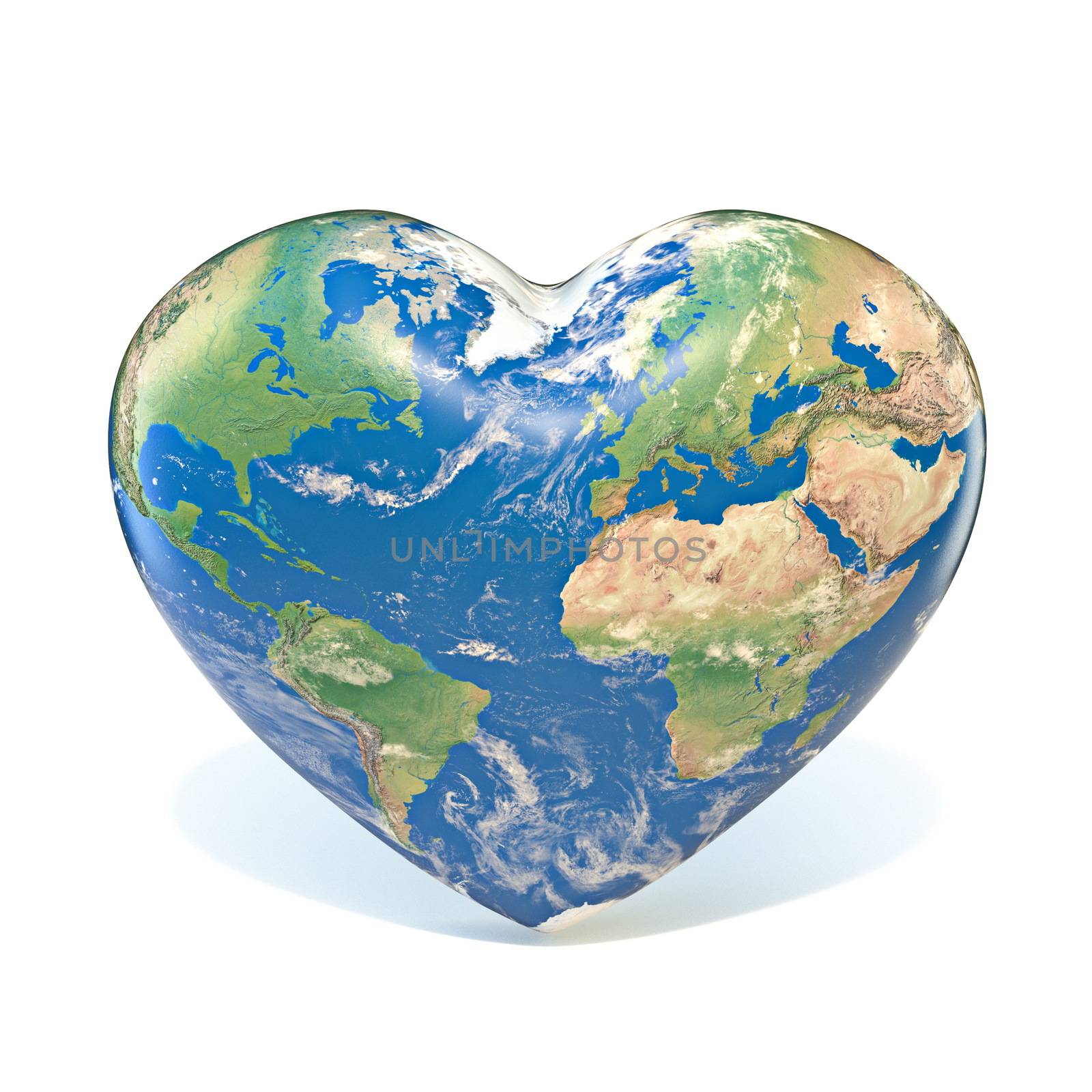 Earth globe heart shaped 3D rendering illustration isolated on white background Texture of this image furnished by NASA