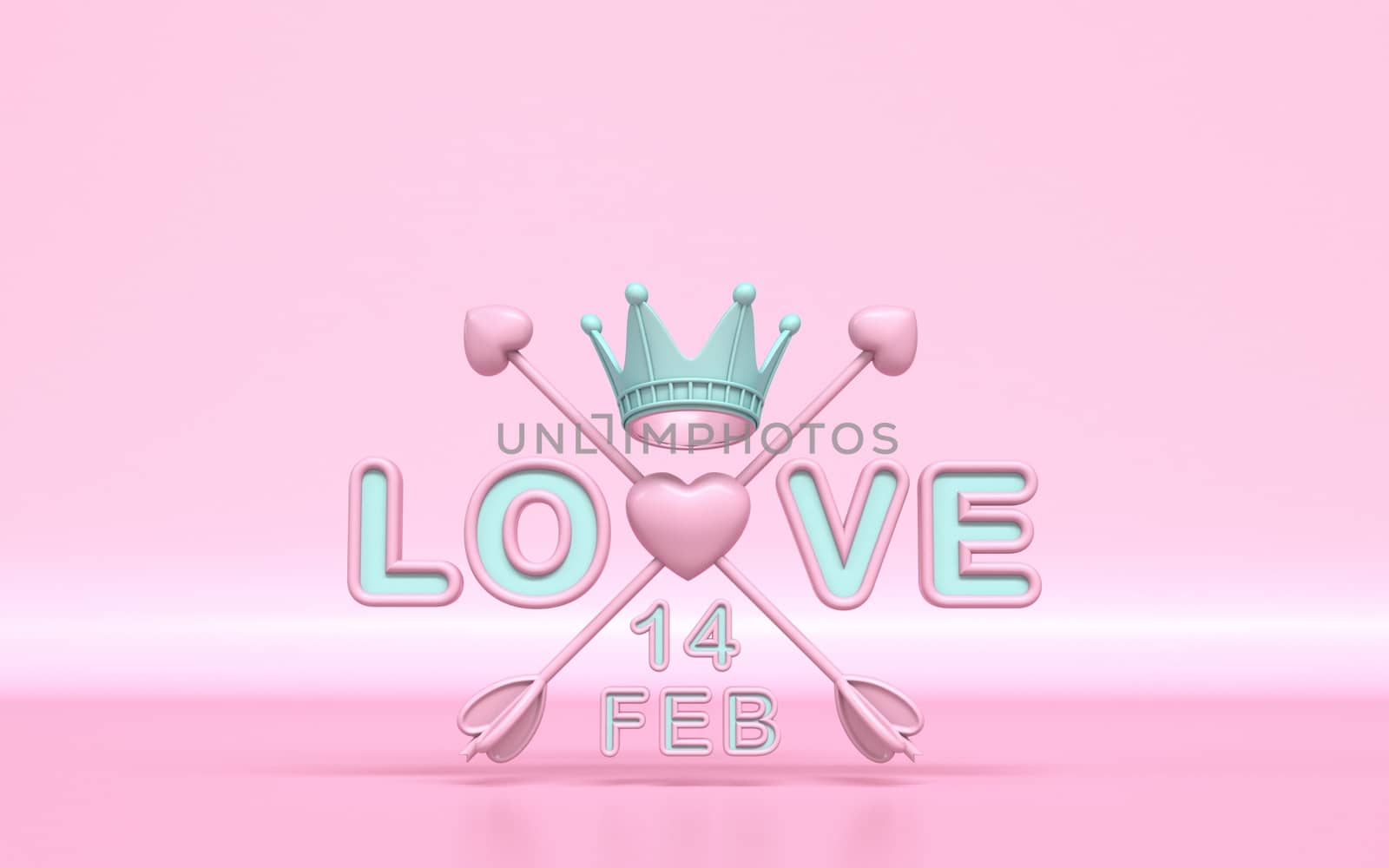 Love text with crossed Cupid's arrows and Valentine's day date 3D rendering illustration on pink background