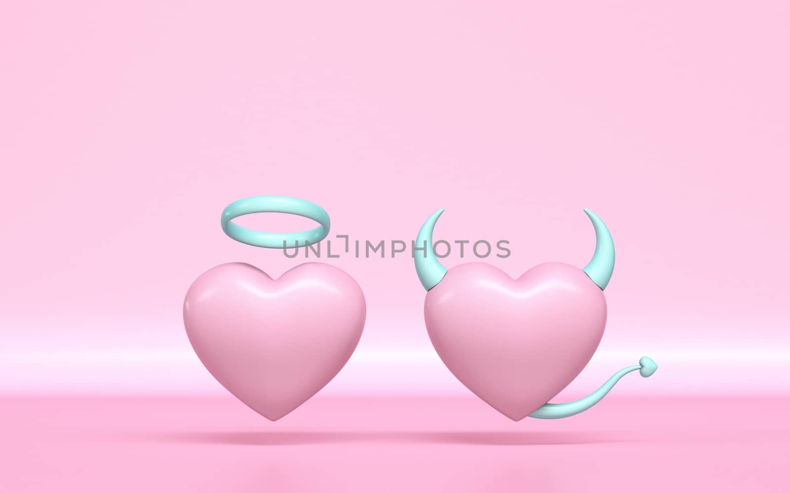 Angel and devil heart 3D rendering illustration on pink background