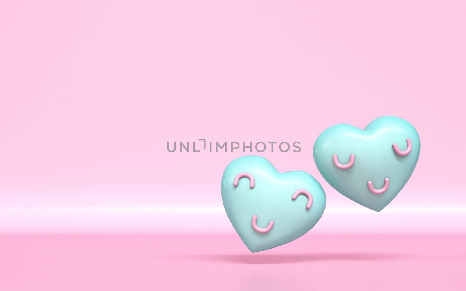 Two hearts with smile faces 3D rendering illustration on pink background