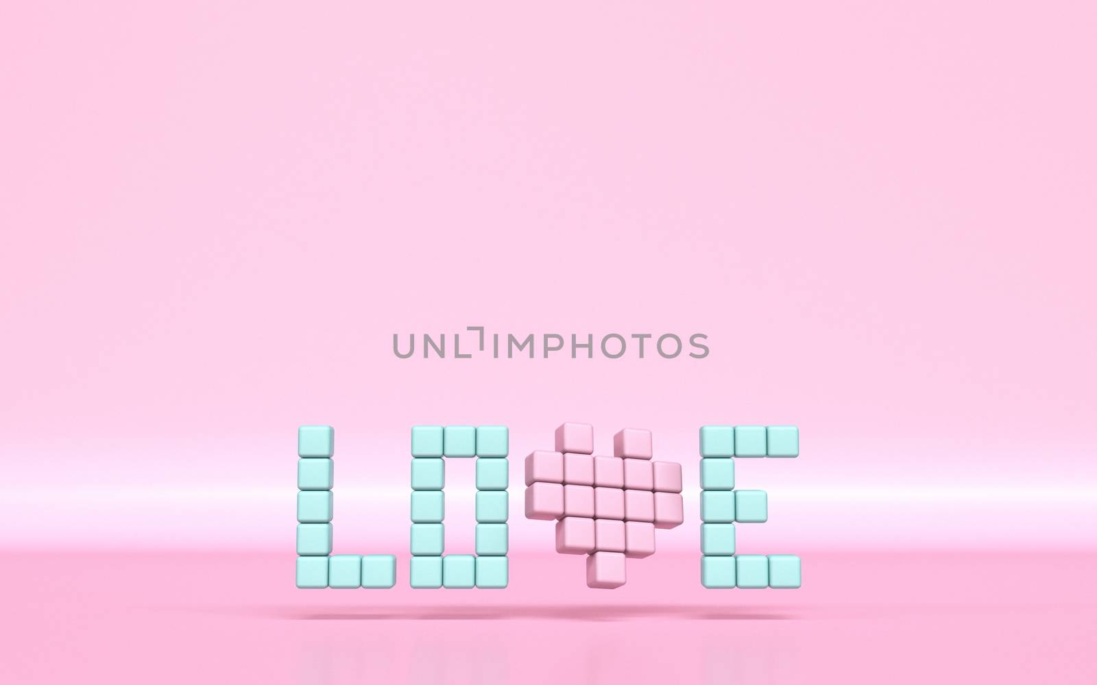 Text LOVE made of pixels 3D rendering illustration on pink background