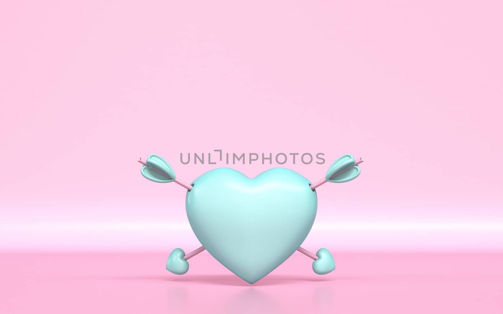 Pastel green heart with two Cupid's arrows 3D rendering illustration on pink background