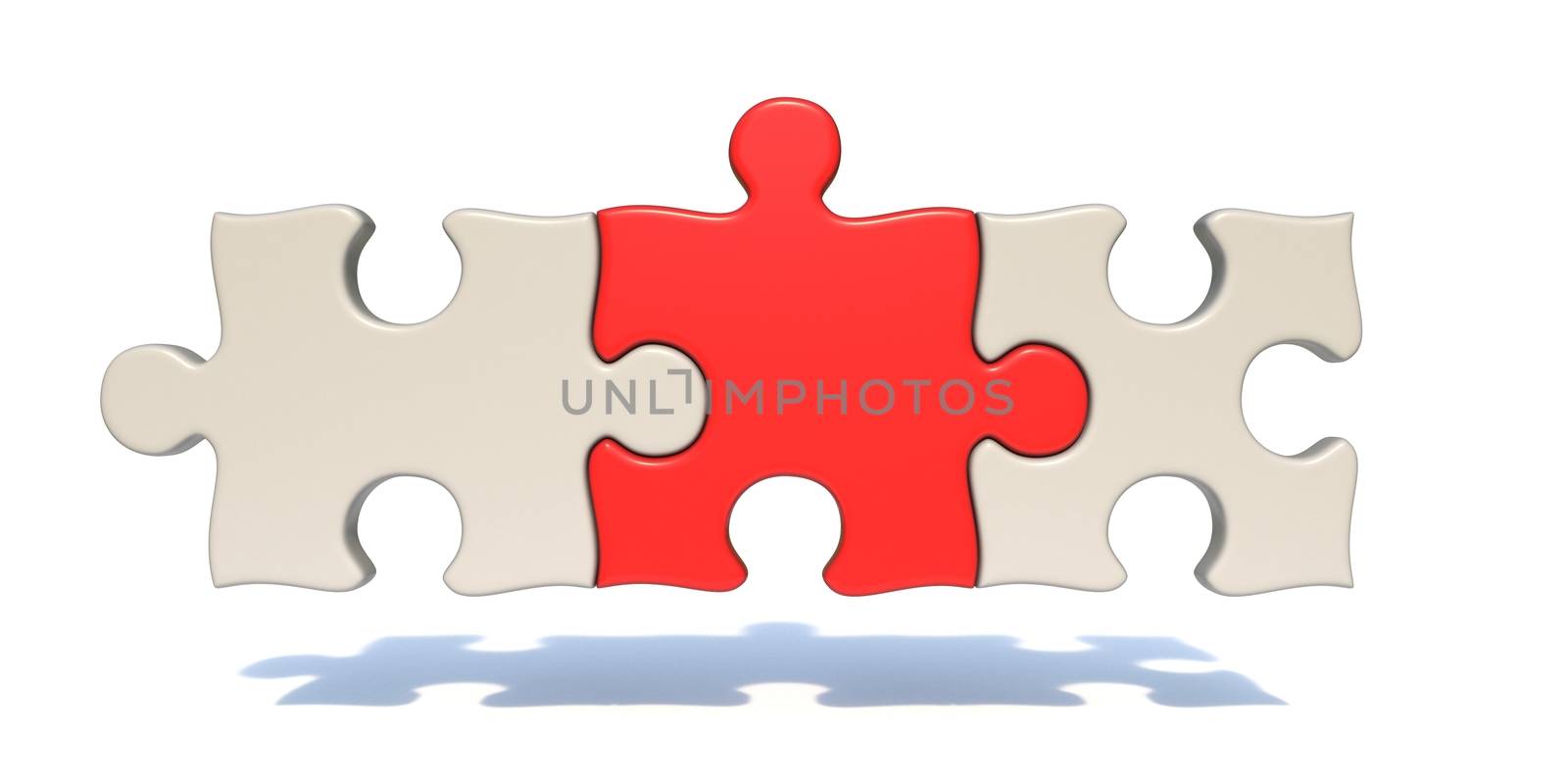 Three puzzle pieces middle one is red 3D rendering illustration isolated on white background