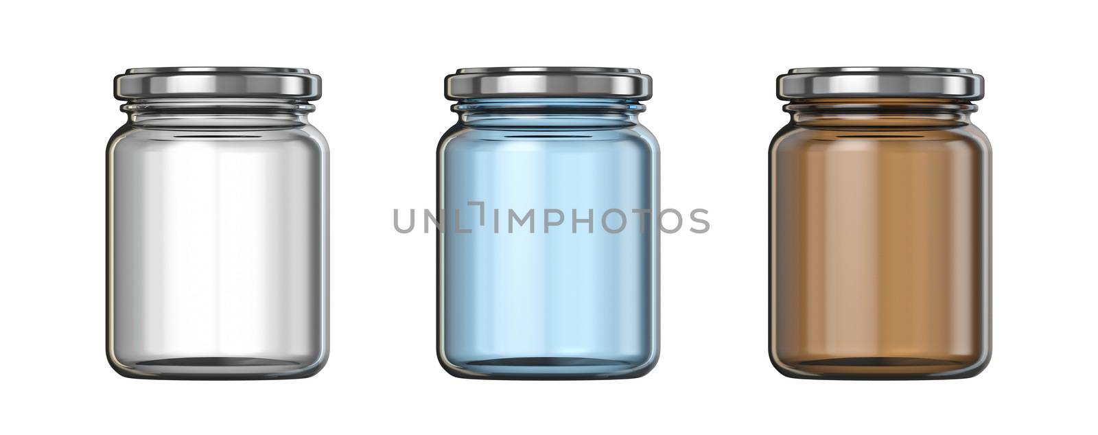 White, blue and brown big glass jars template 3D render illustration isolated on white background