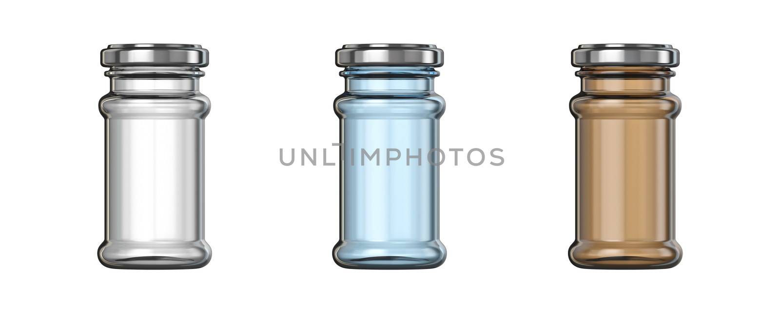 White, blue and brown big glass jars template 3D render illustration isolated on white background