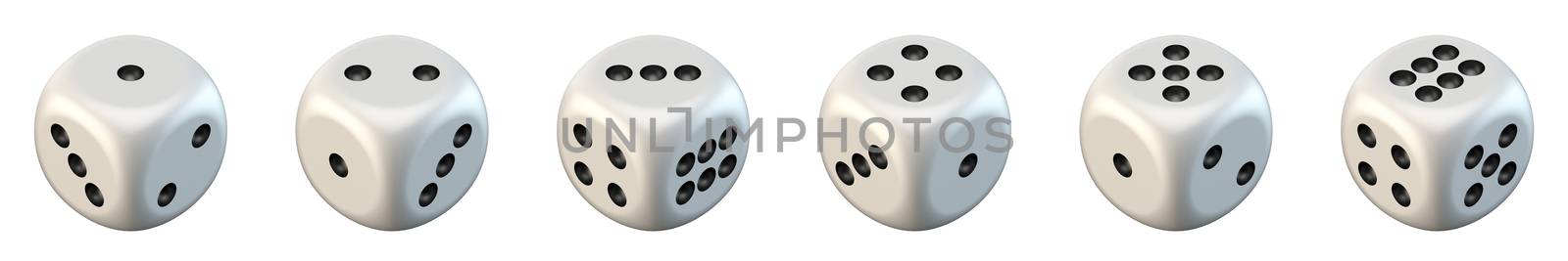 Six white game dices 3D render illustration isolated on white background