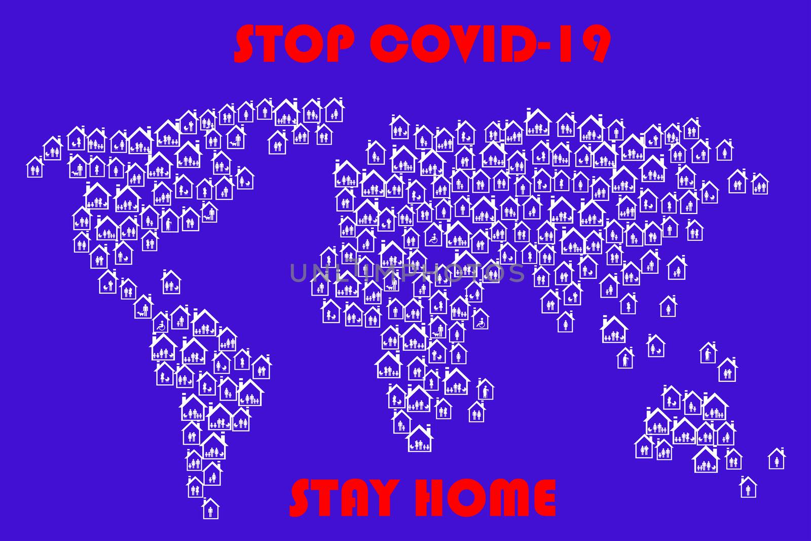 Stay home concept with world map made of houses. Covid-19 coronavirus quarantine campaign