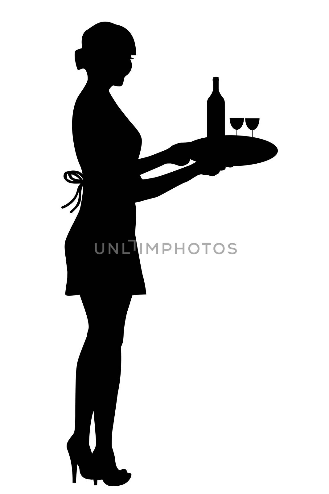 Waitress silhouette holding a tray with wine glasses and a bottl by hibrida13