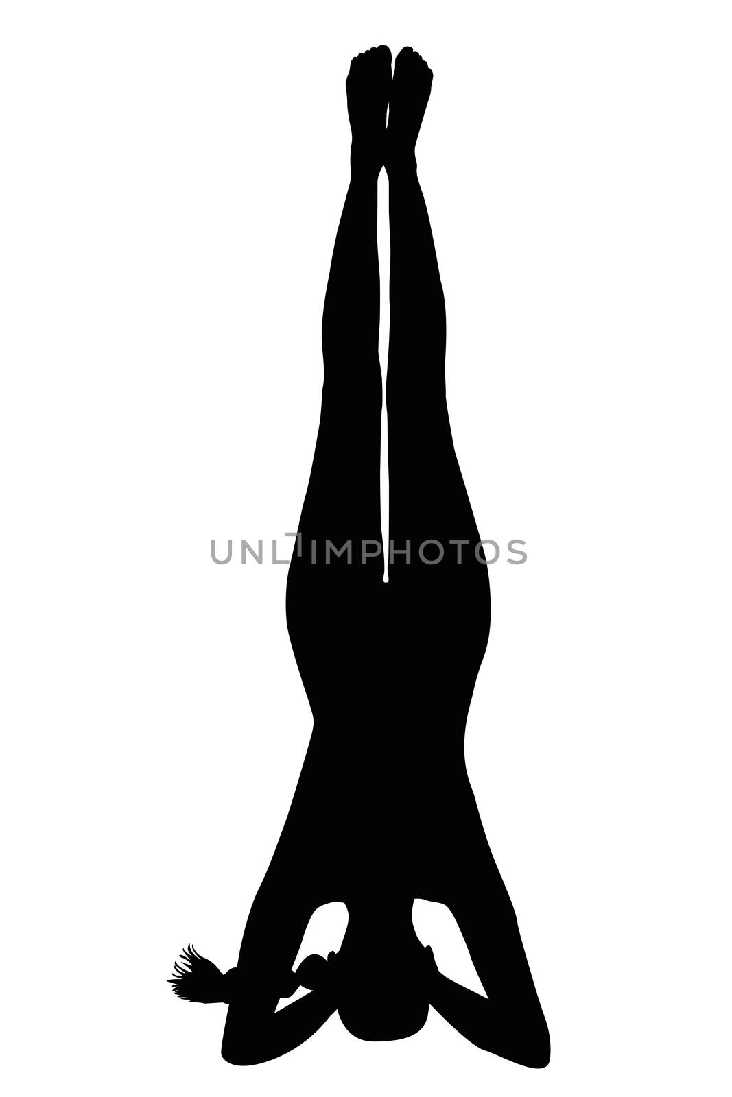Silhouette of woman in head stand on white background