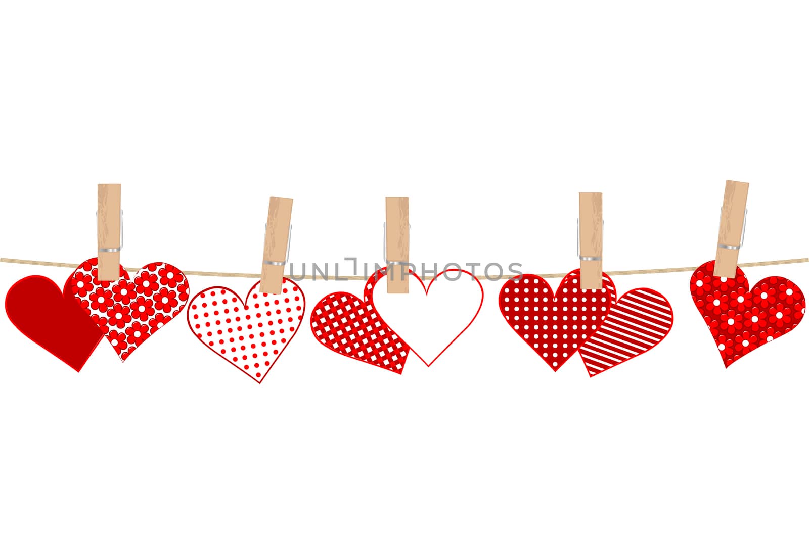 Valentines day concept with hearts and clothes pegs on rope