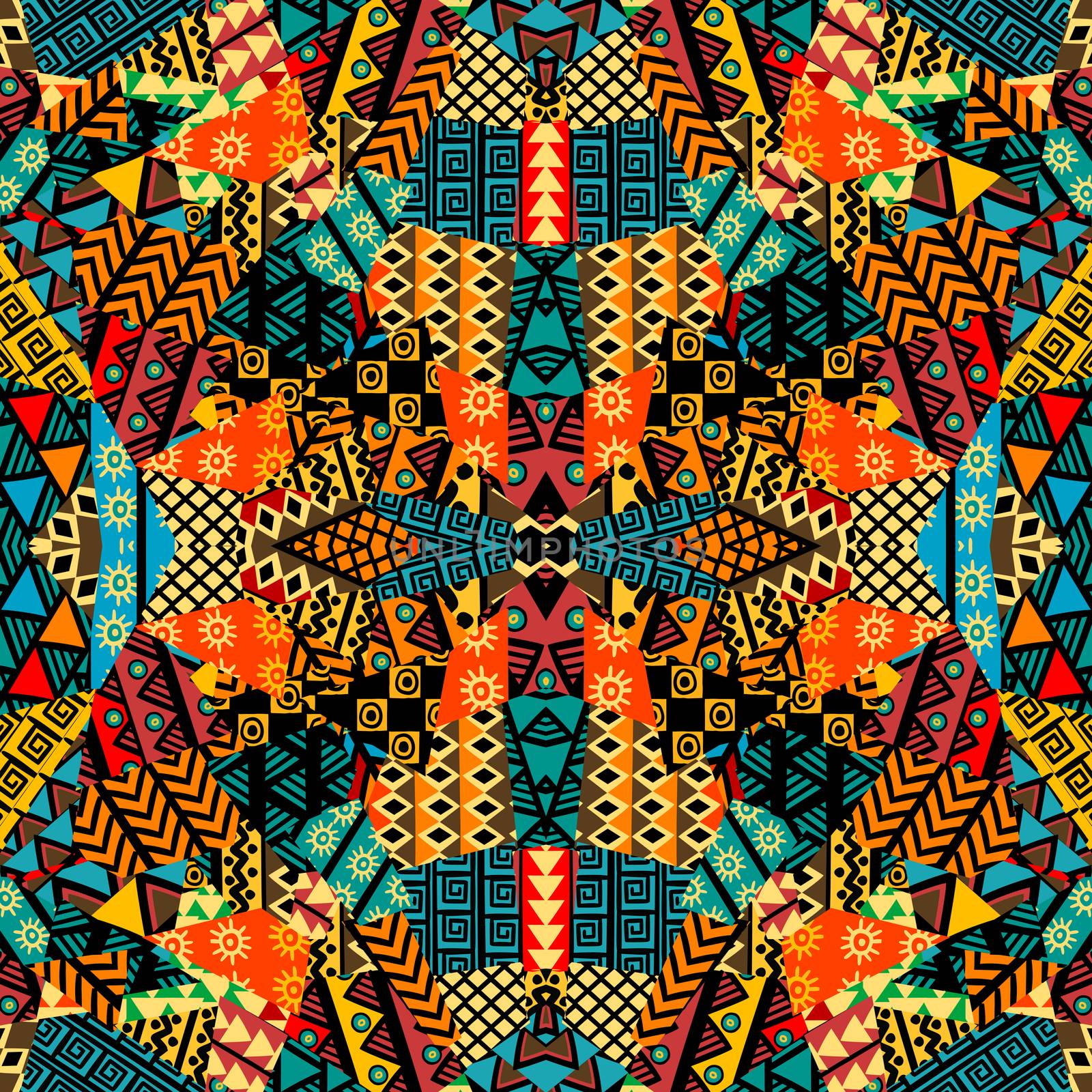 Colored ethnic patchwork mosaic with african motifs